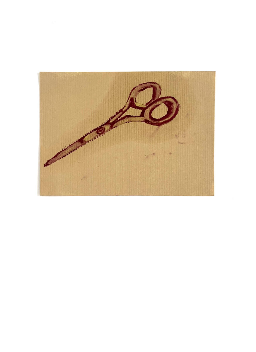 2/26 — SCISSORS.During her residency at the MQ21 in Vienna, Austria, as part of her Fulbright Independent Scholar appointment, Quinn began working on a companion drawing project to The Haircut while conducting new research on women's representation in media.  Charcoal, drawing pens and markers, oil pastel, paint, and pencil, the group of seventy-some drawings ranges in size from A5 to A2 on various papers; 2021-ongoing.