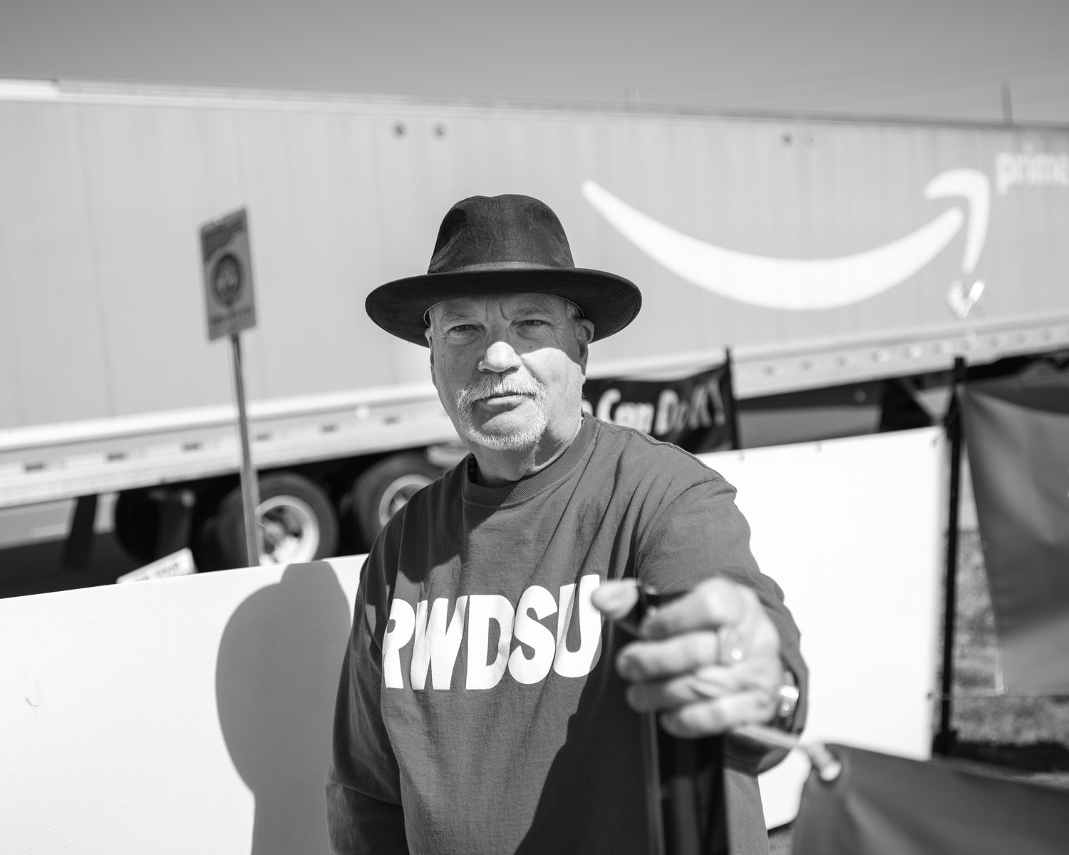 Retail, Wholesale and Department Store Union (RWDSU) Mid-South Council President Randy Hadley stands at the RWDSU rally point near the Amazon Fulfillment Center in Bessemer, Ala.
