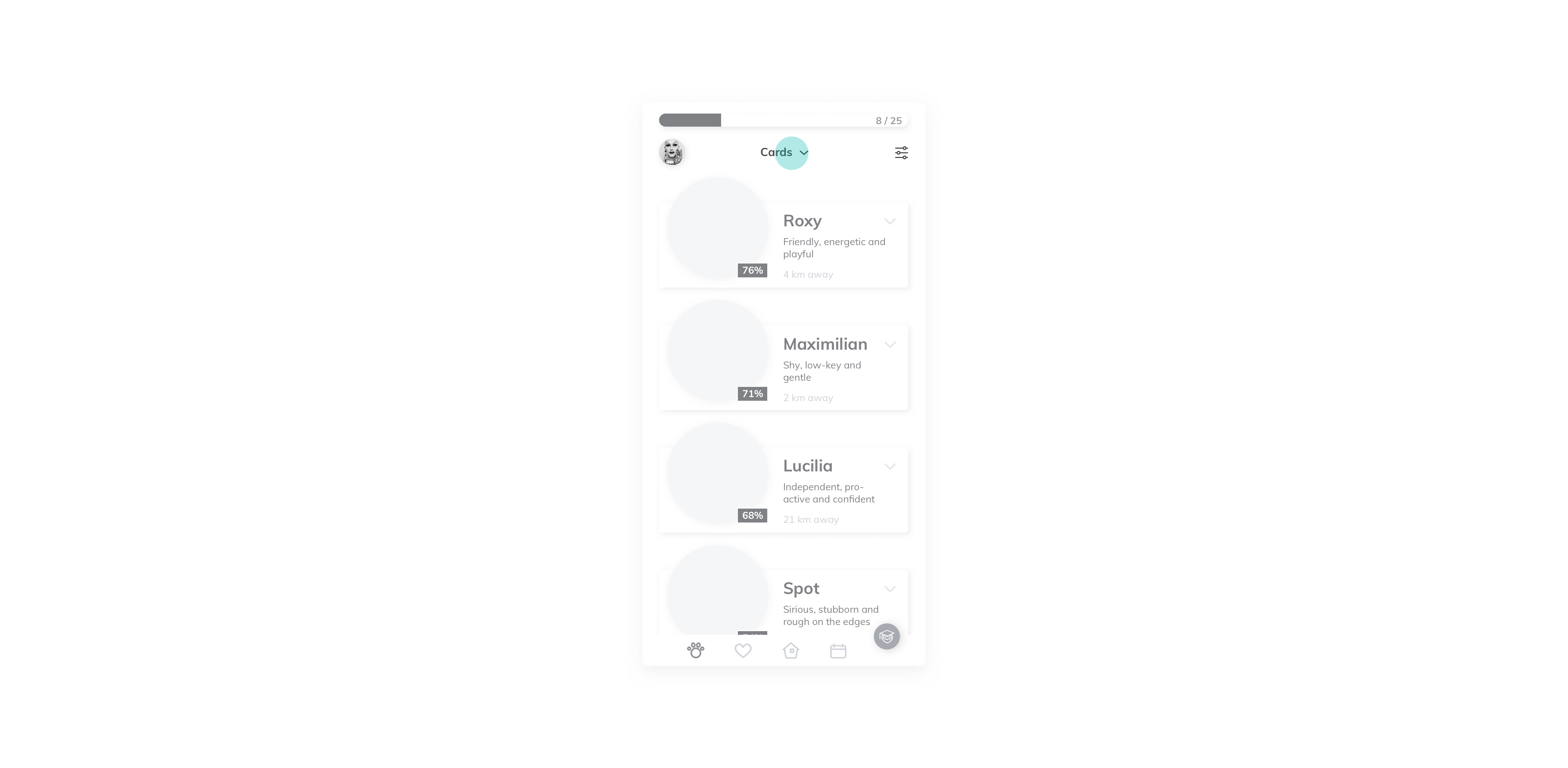 Tapping the top switcher, switches the view from cards to map.
