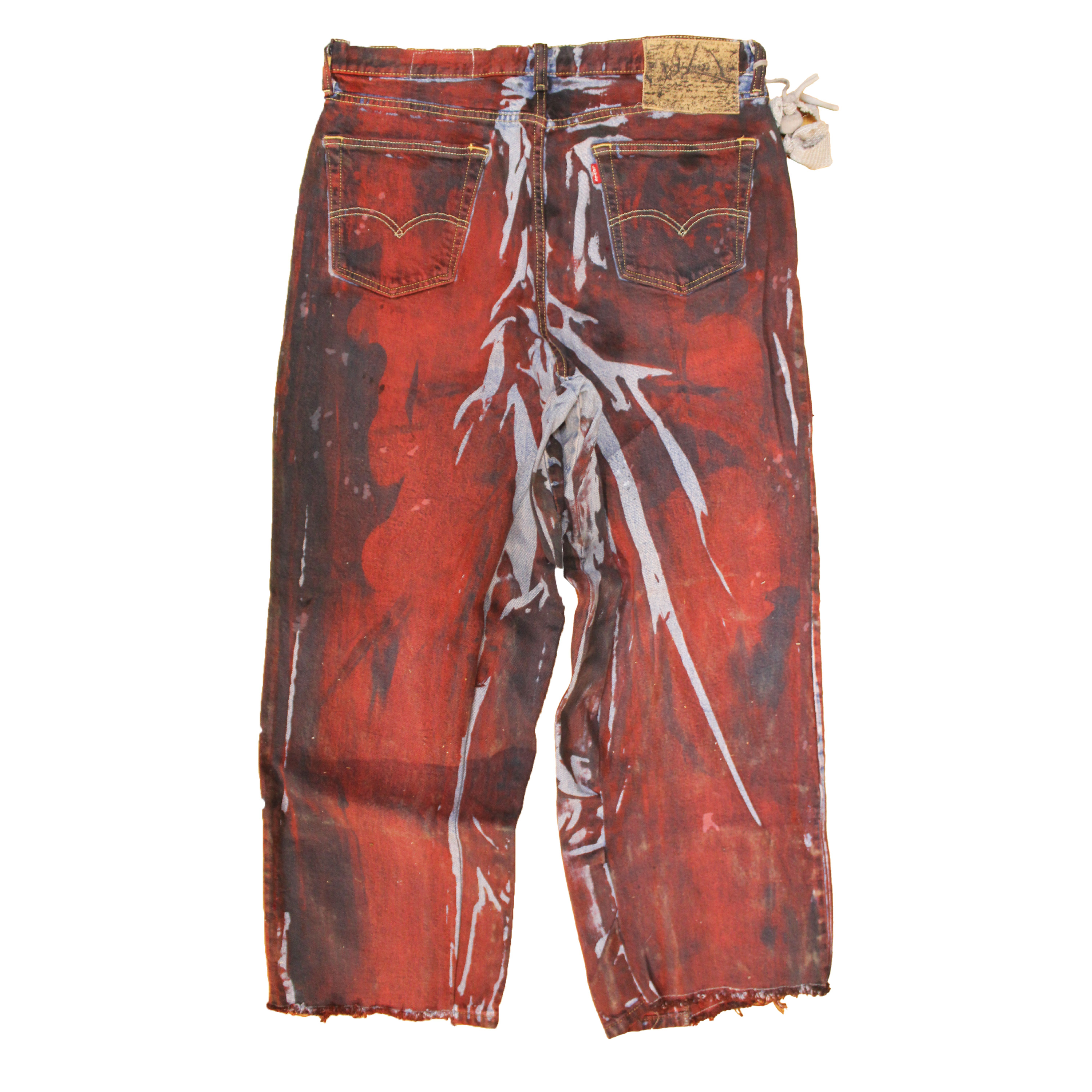 reclaimed vintage surplus denim screen printed with textile dye & various metals. tailored for straight/wide fit. fitted with custom keychain, scrap chain, and leather patches