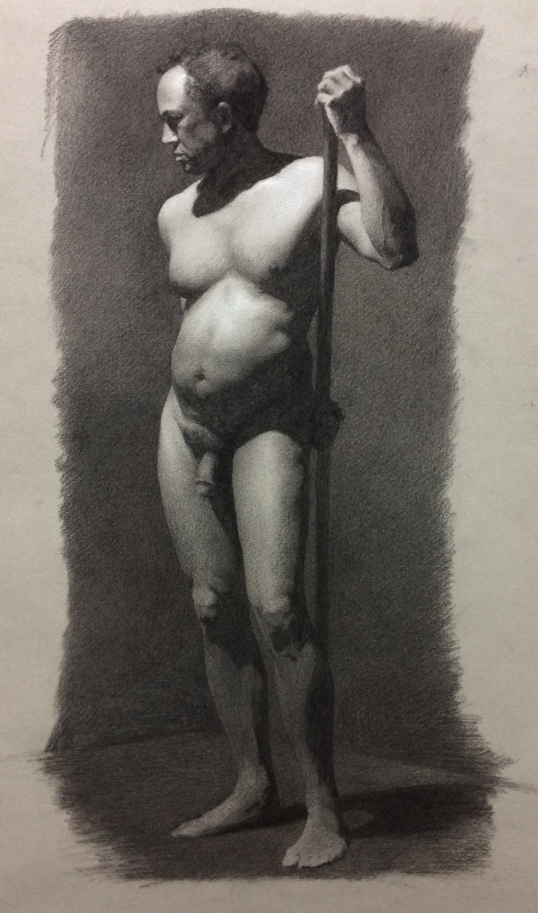 Figure study of Bruce, 2020 24"x16", charcoal & white chalk on toned paper