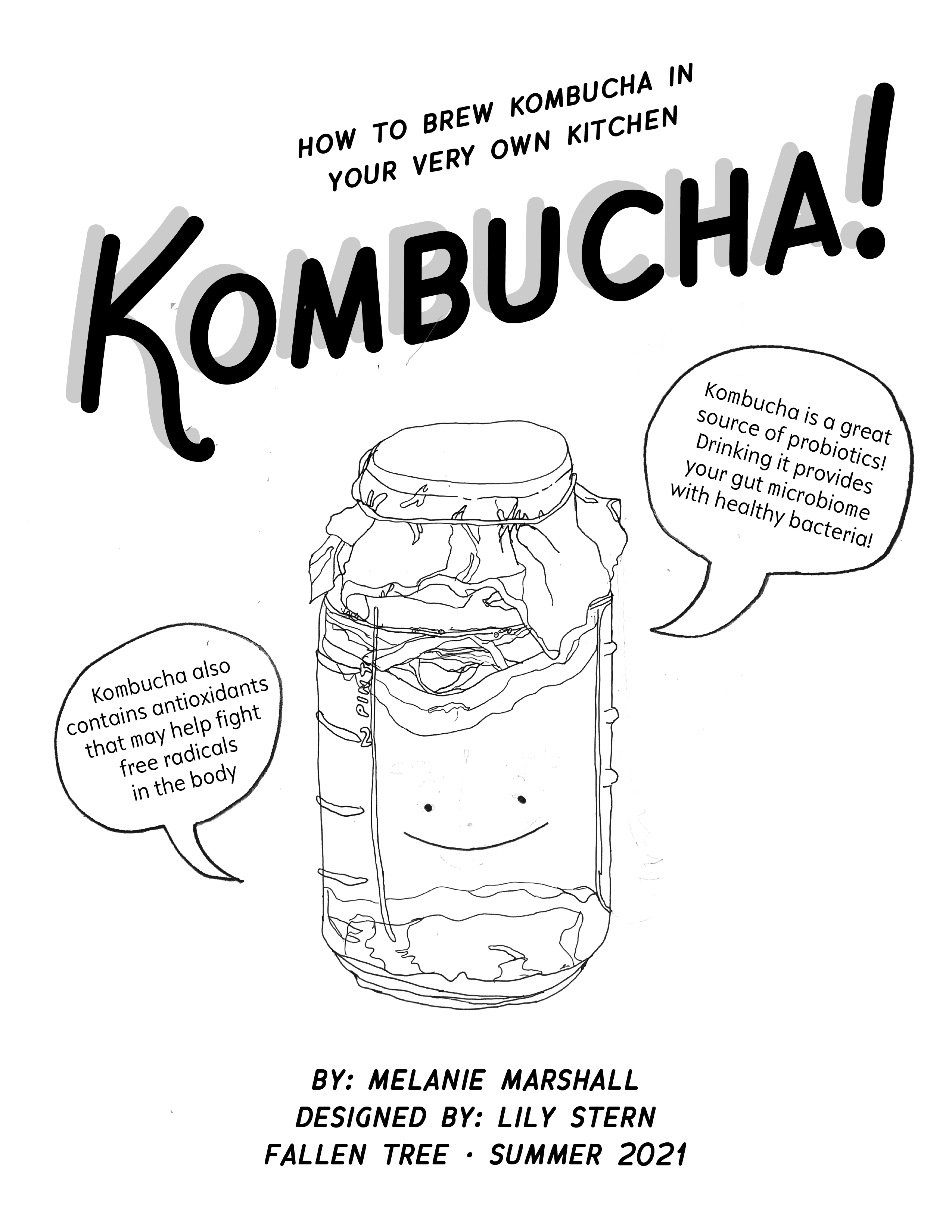 Recipe zine for homemade kombucha, distributed in suburban homesteading curriculum: Adobe Illustrator, 2021