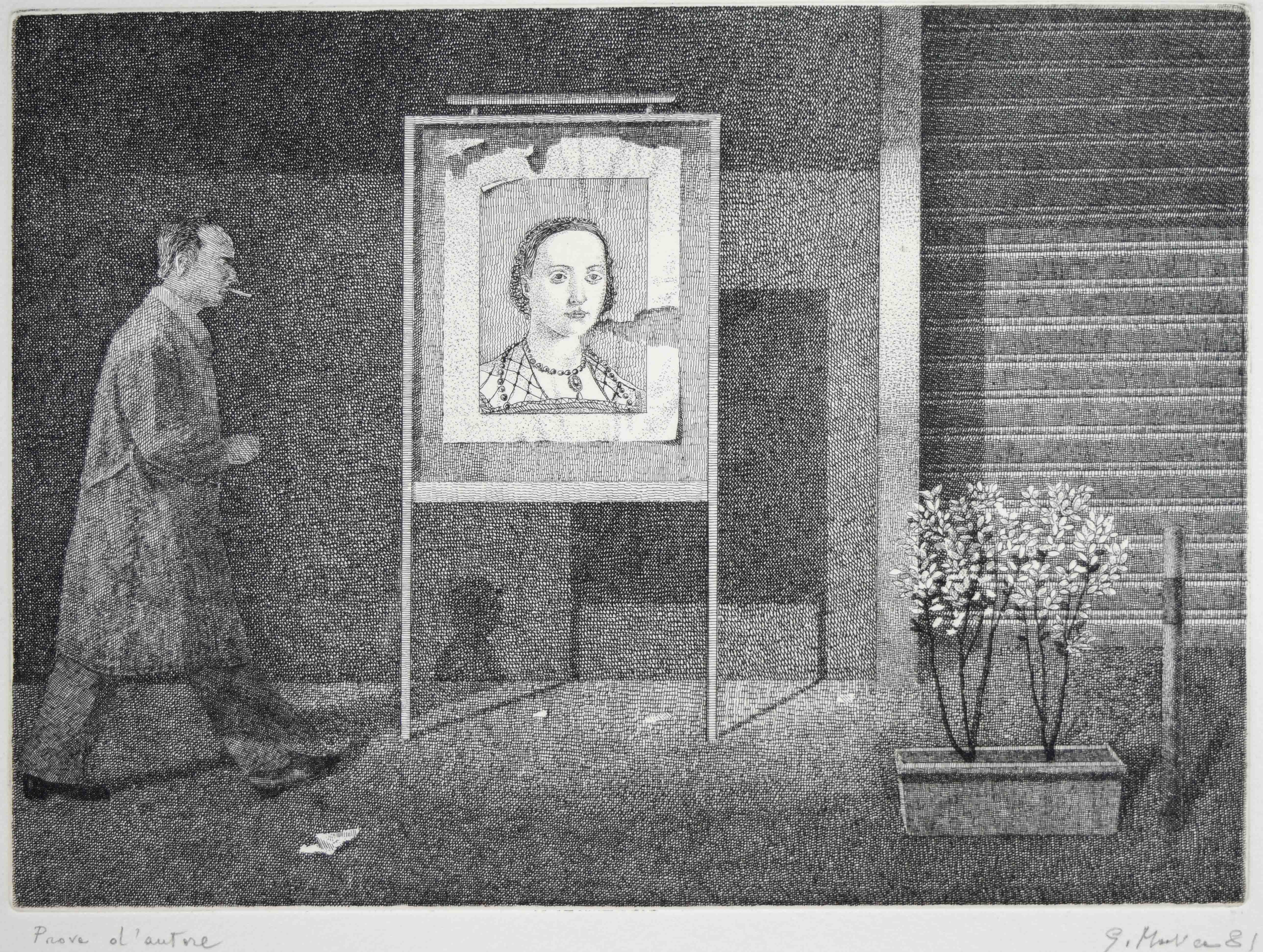 Passante nella città di notte, 1981, acquaforte su rame, mm 230x300