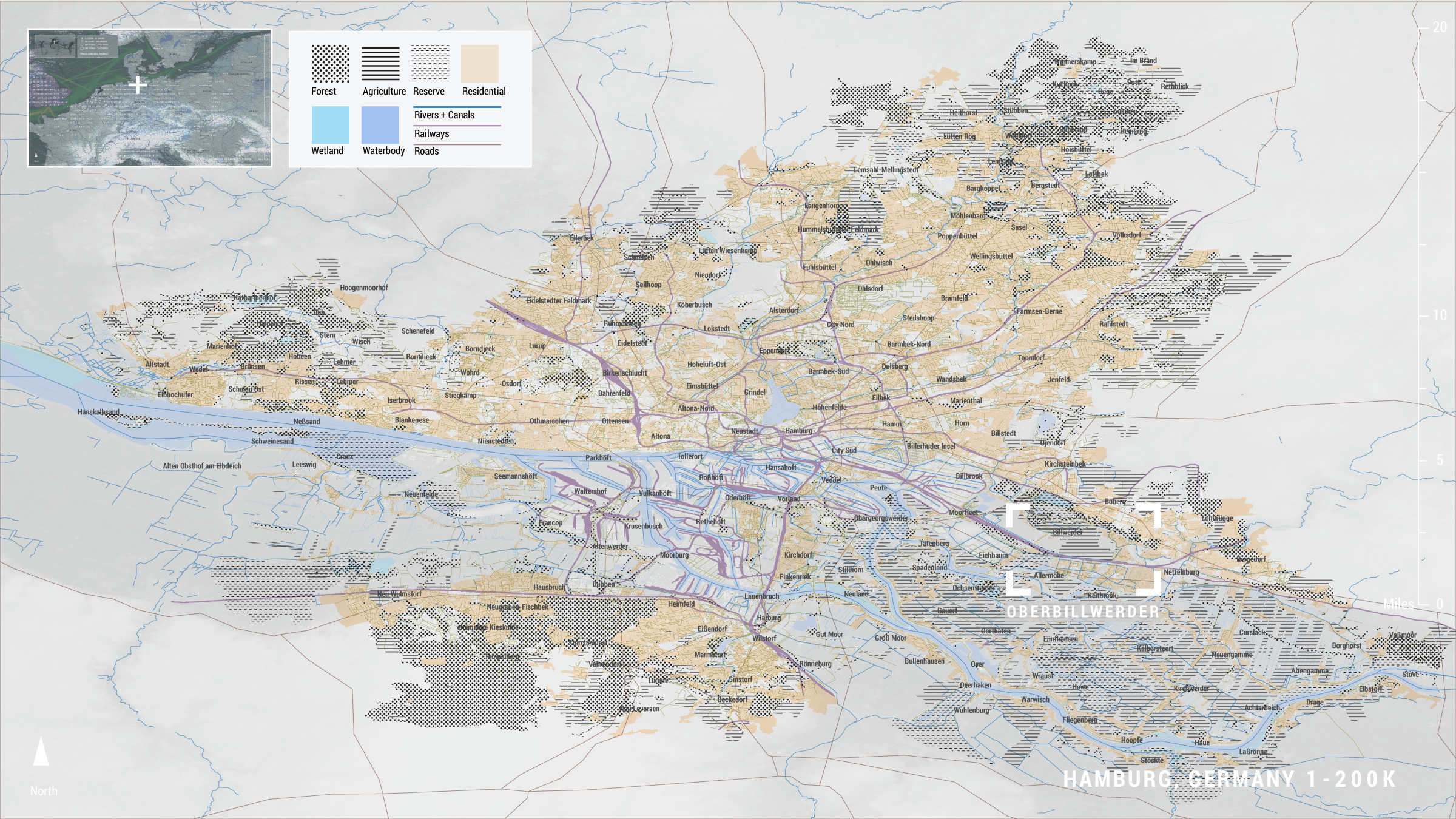 Figure 10. Hamburg's residential areas, railways, and roads.