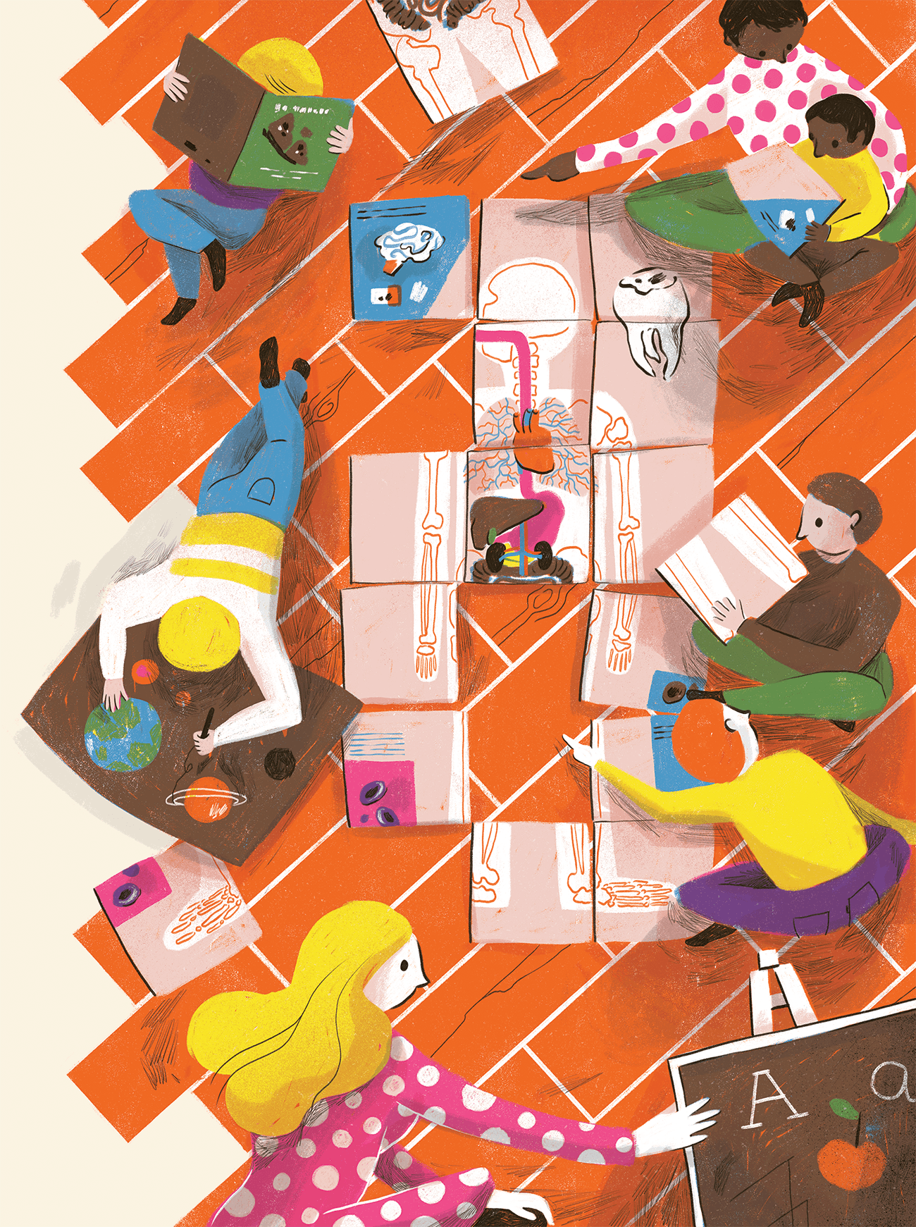 Children and mothers doing different activities.