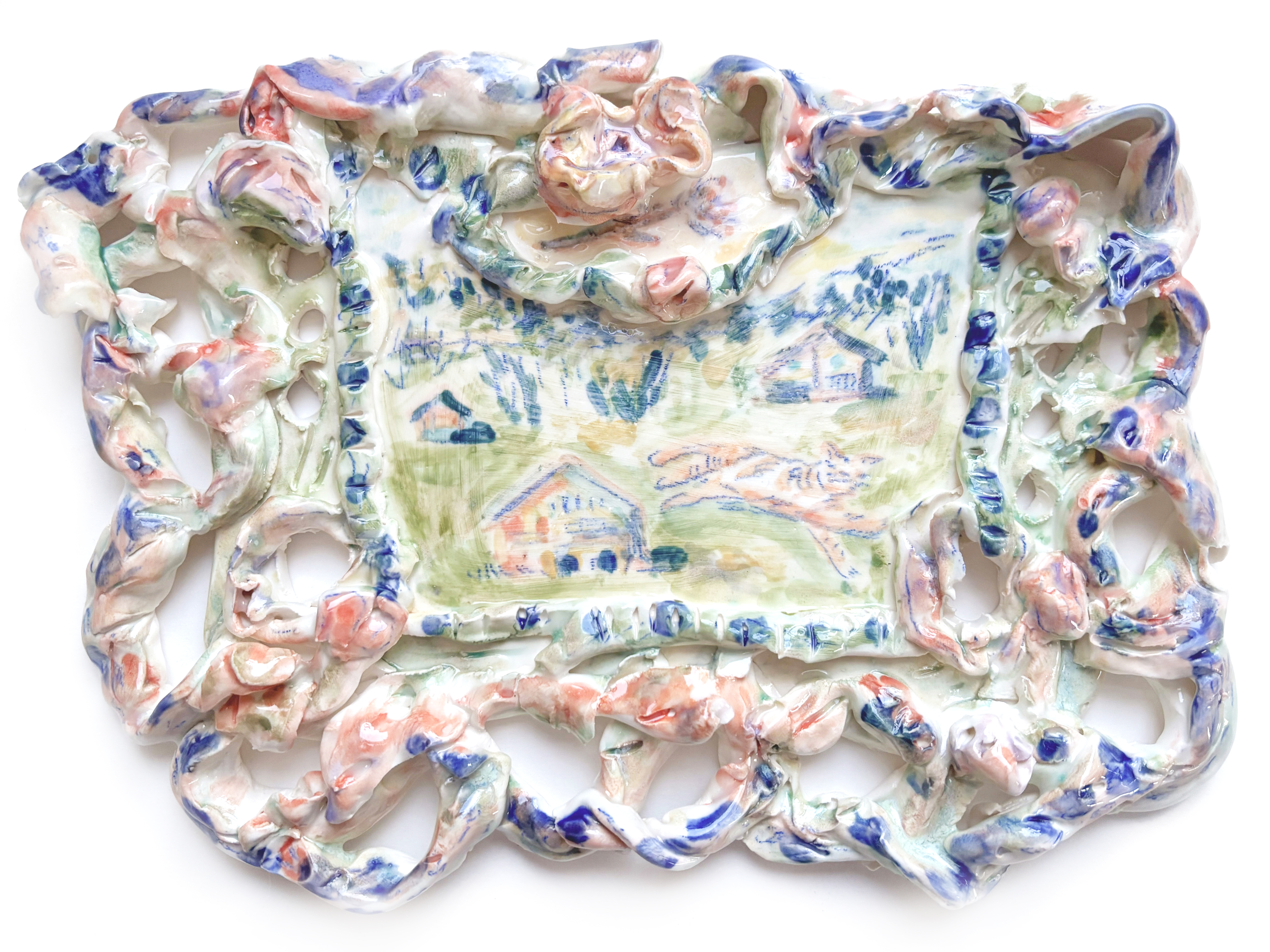 „Cat in the Alps", H19cm x W25cm, glazed ceramics (porcelain), 2025