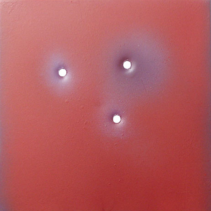 kleifontanano #22, 2003, oil on aluminum with gunshot, 22x22 in