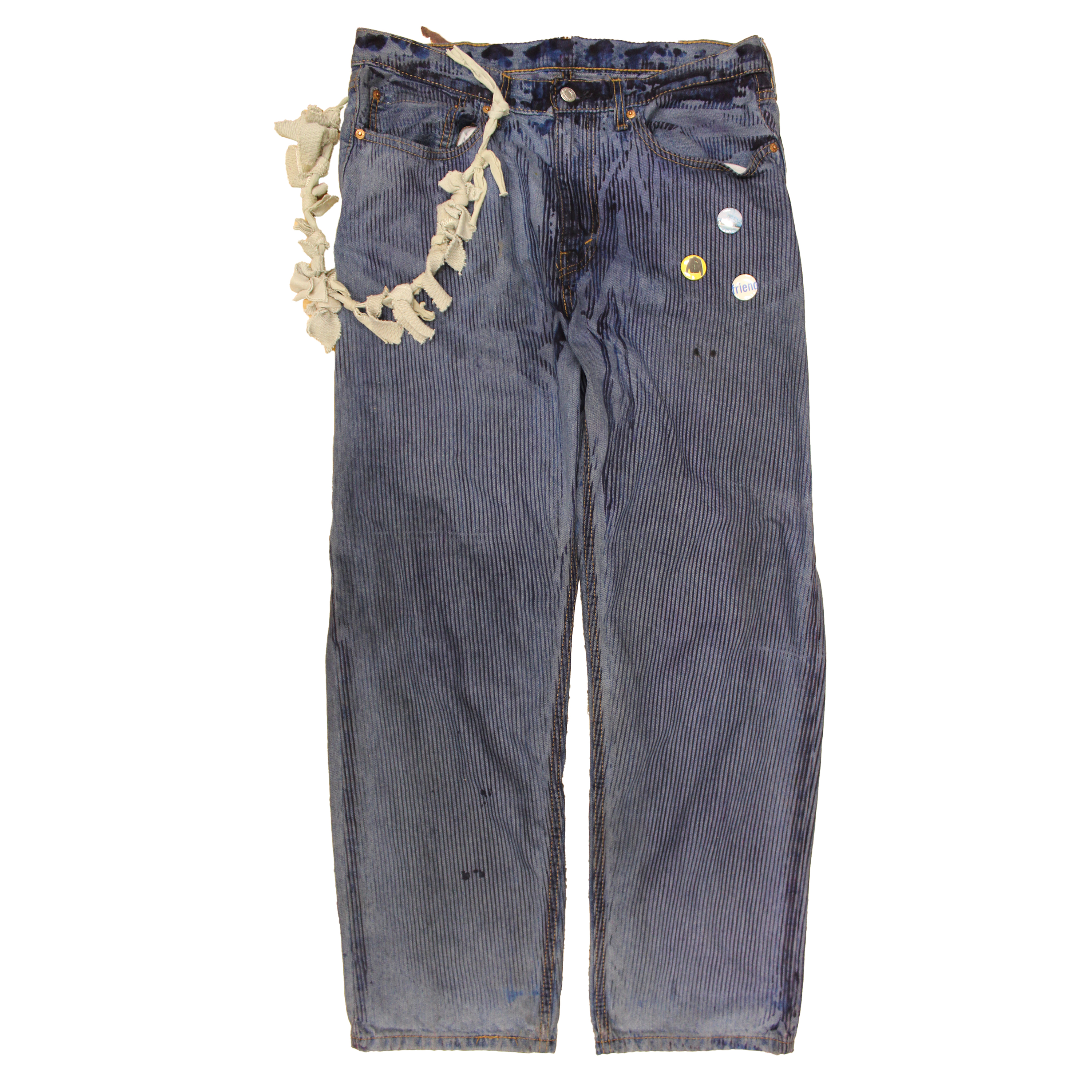 reclaimed vintage surplus denim screen printed with textile ink in snagstripe print. tailored for straight/wide fit. fitted with custom keychain, scrap chain, and leather patches
