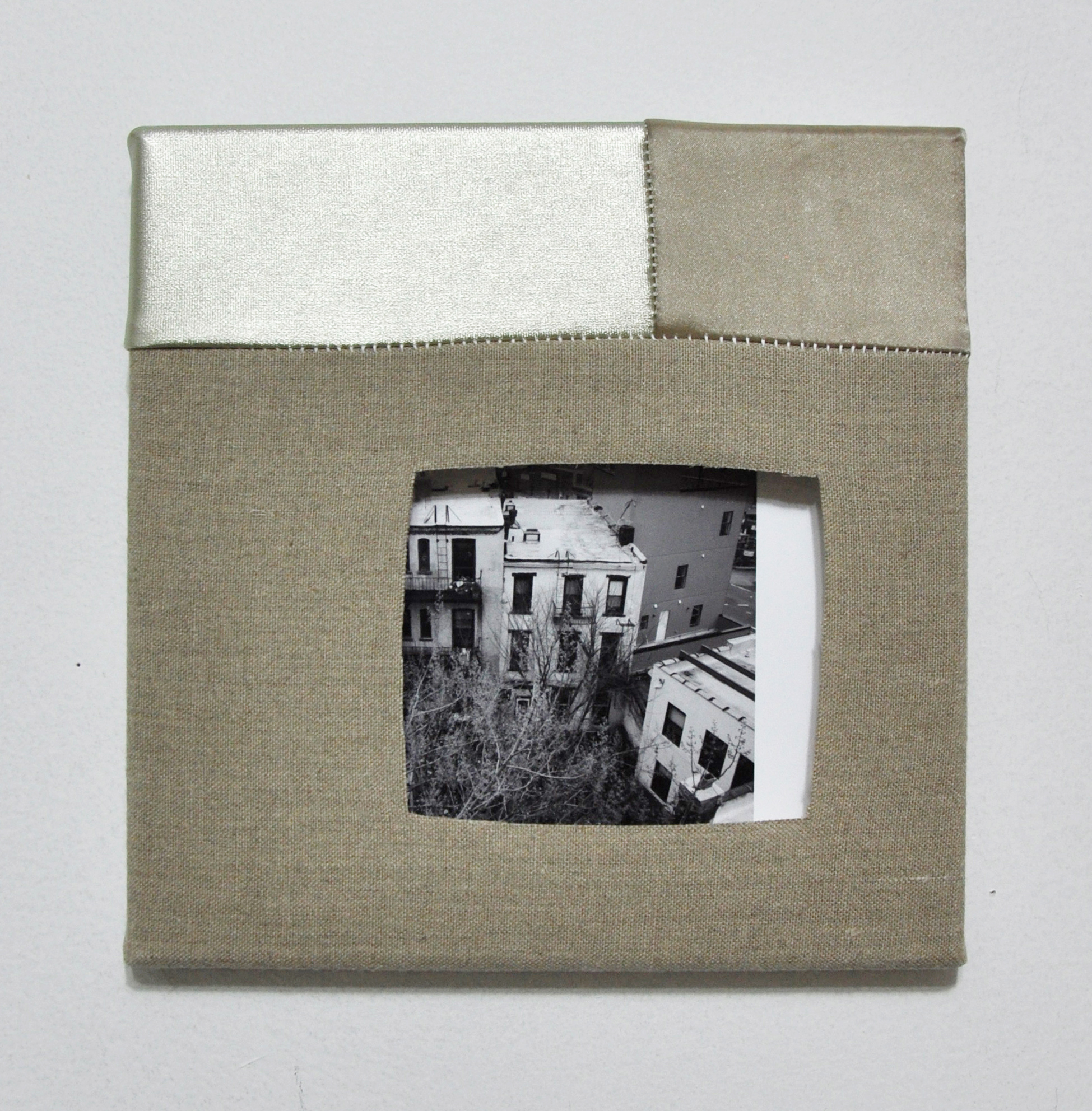 Rooftops, mounted pigment print, polyester, linen, and thread, 10 x 10 inches