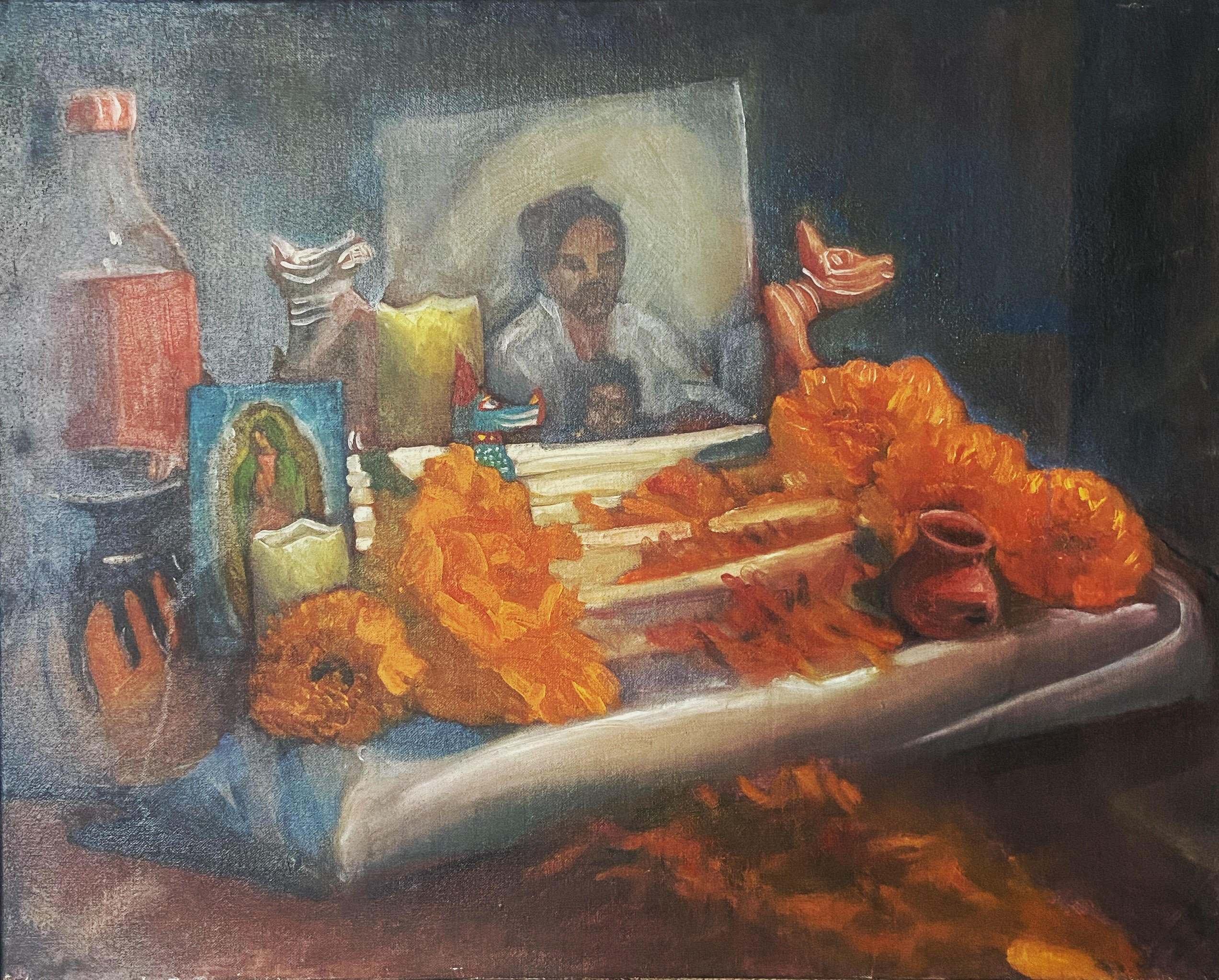 A colorful painting of an small tabletop altar to a family member utilizing some christian symbolism, melted candles, an an abundance of the color orange.