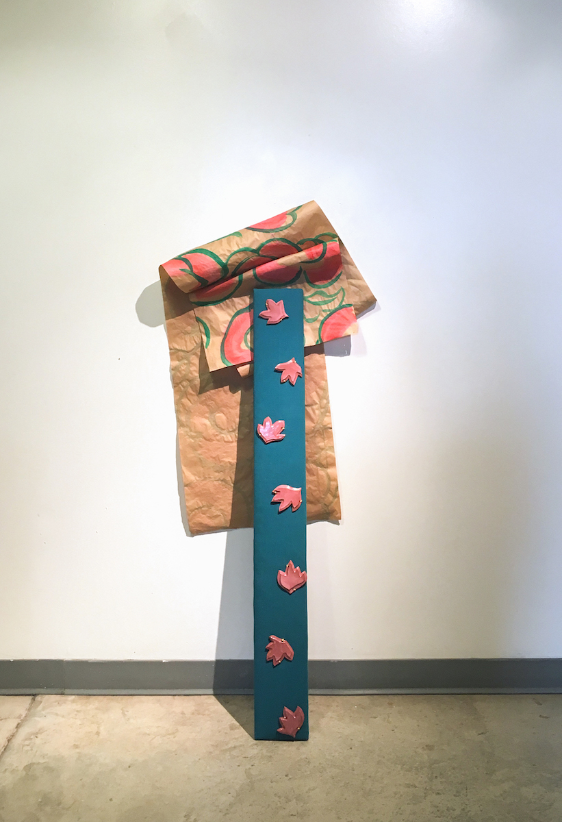 Pin, 2018, earthenware, glaze, wood, linen, paper, paint, 45" x 18" x 8"