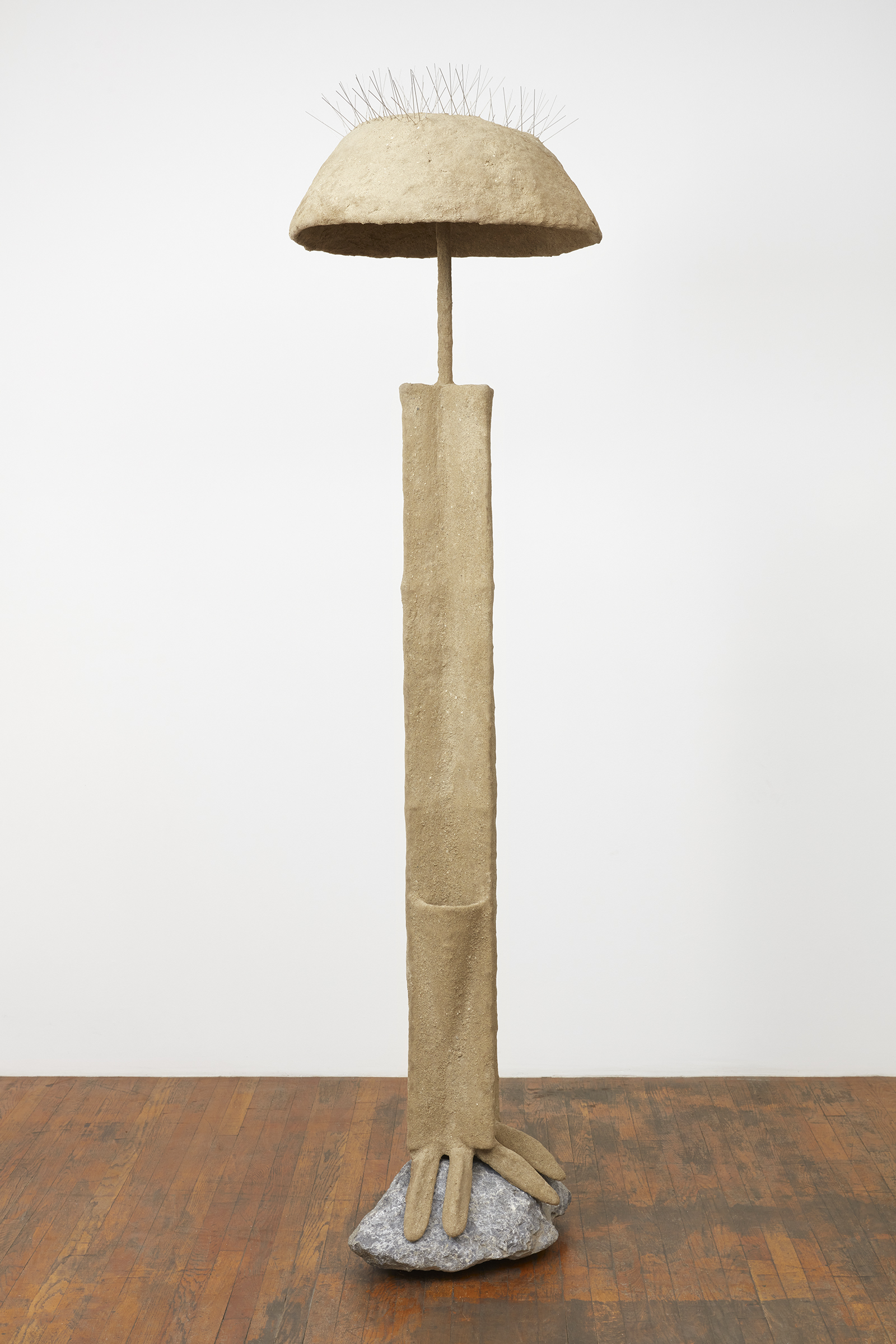 Lovers, 2021, Steel, sand, burlap, polymer, rock, pigeon spikes