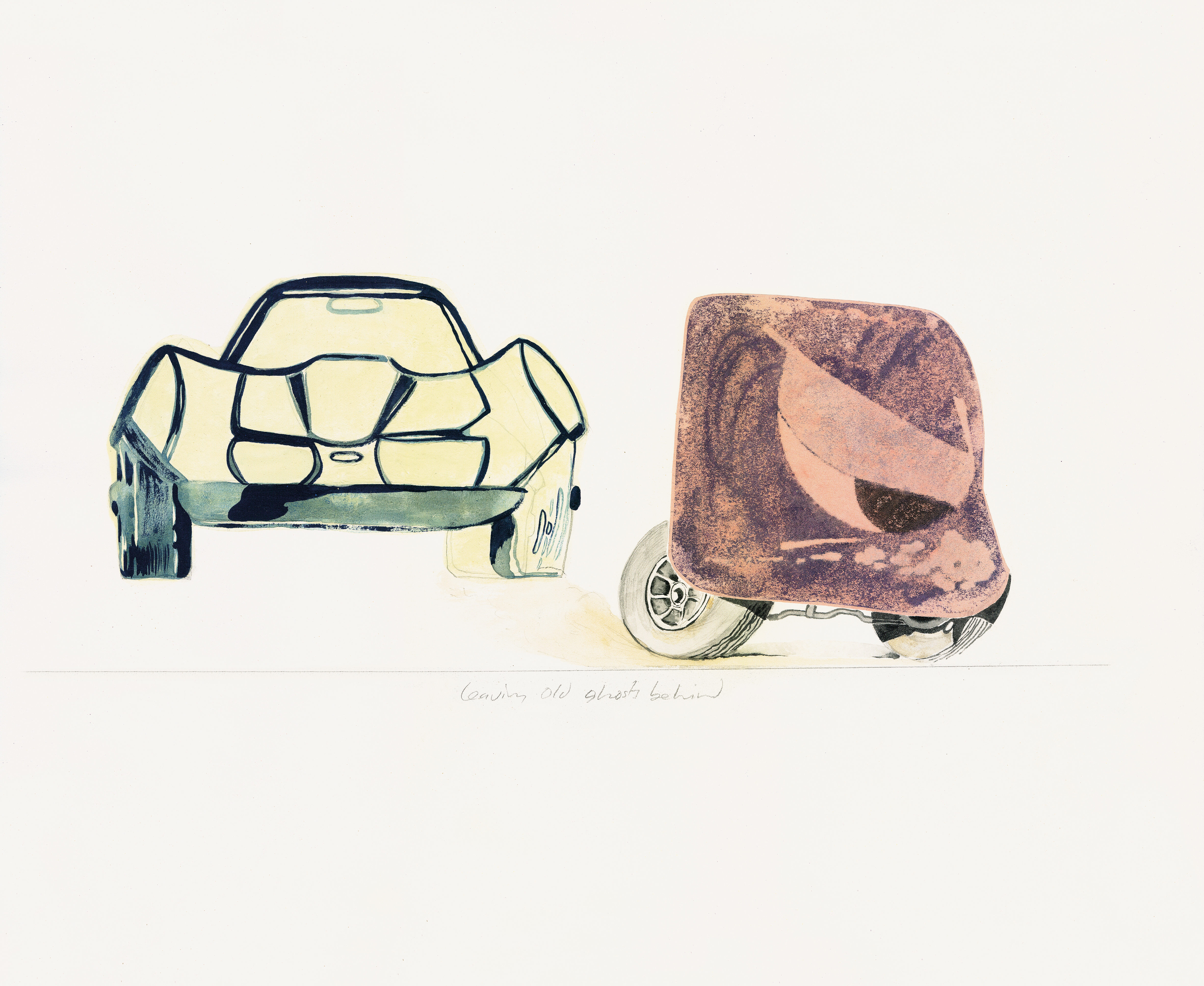 Leaving Old Ghosts Behind, 2014, pencil,glow-in-the-dark acrylic, watercolor and collage on paper, 42 x 51 cm 