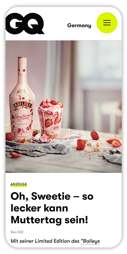 Campaign article published in GQ featuring Baileys Strawberry & Cream