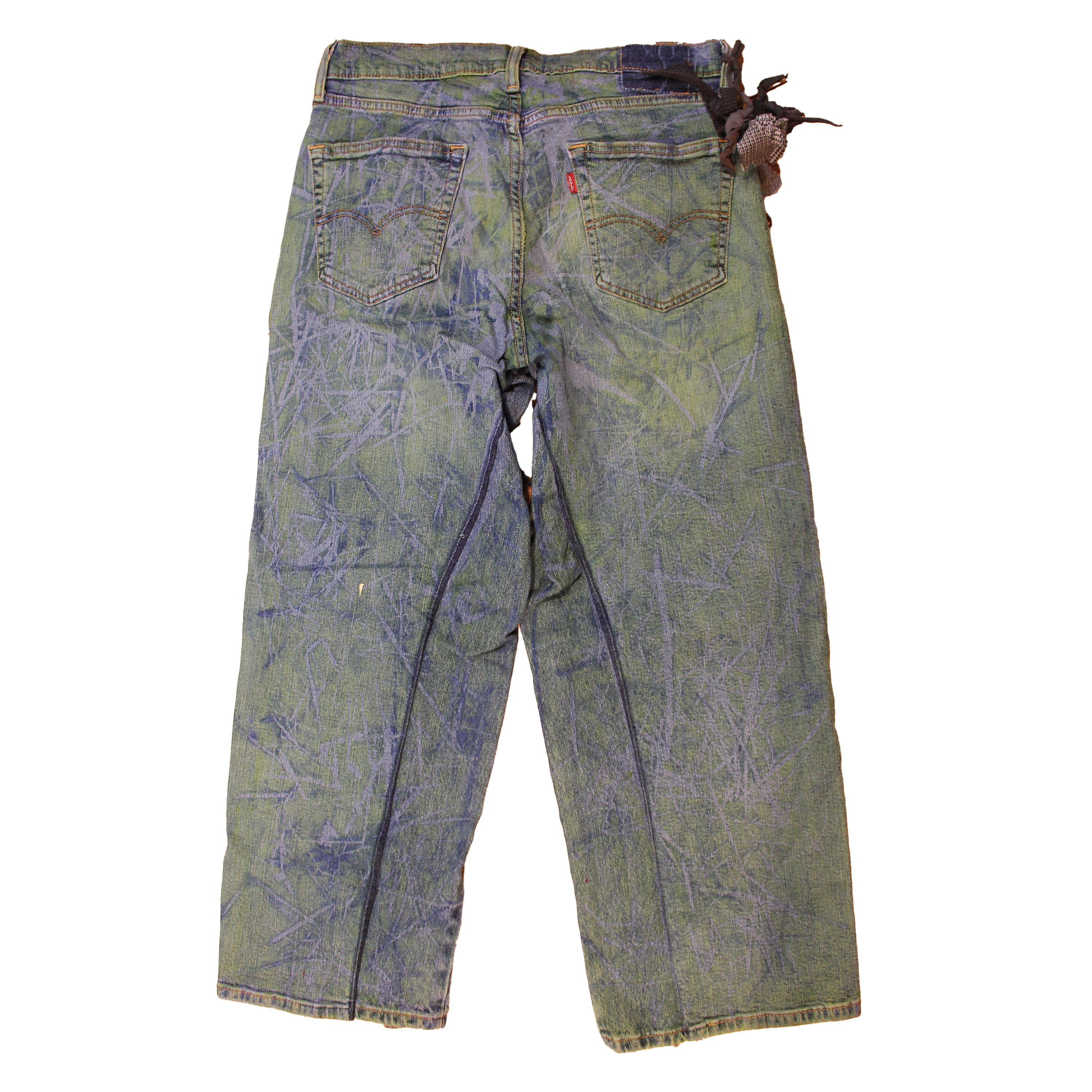 reclaimed vintage surplus denim screen printed with pinstripes in textile dye. tailored for straight/wide fit. fitted with custom keychain, scrap chain, and leather patches