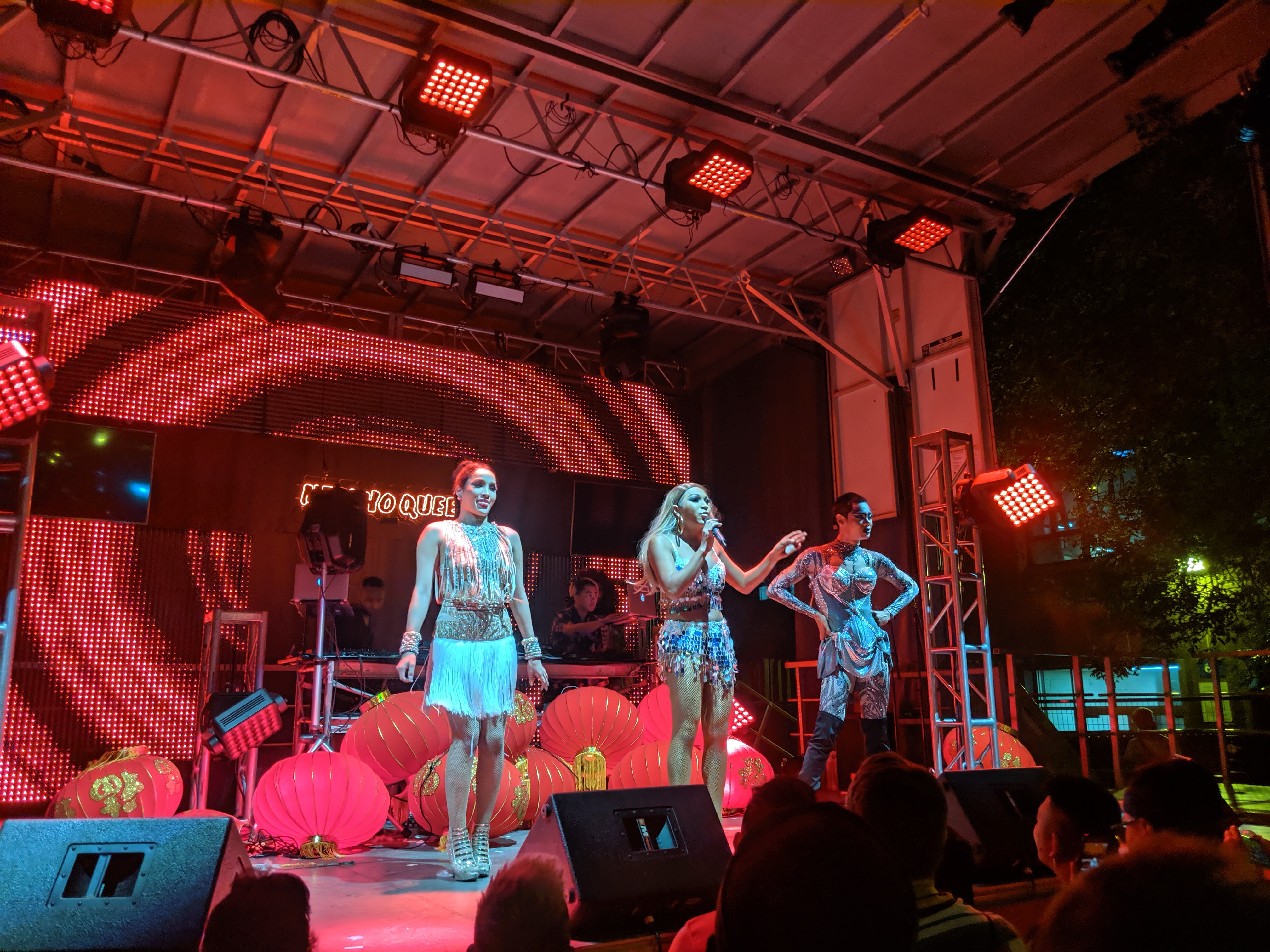Drag Race Thailand's season two finalists lighting up Gould St. on the final day of Toronto Pride, 2019. From left to right: Kandy Zyanide, Angele Anang, Kana Warrior. June 23, 2019 at Toronto Pride's South Stage on Gould St.