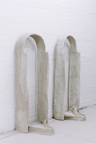 Drip Dry Eyes, 2016, concrete, pigment, burlap, pvc pipes, glass, construction steel mesh