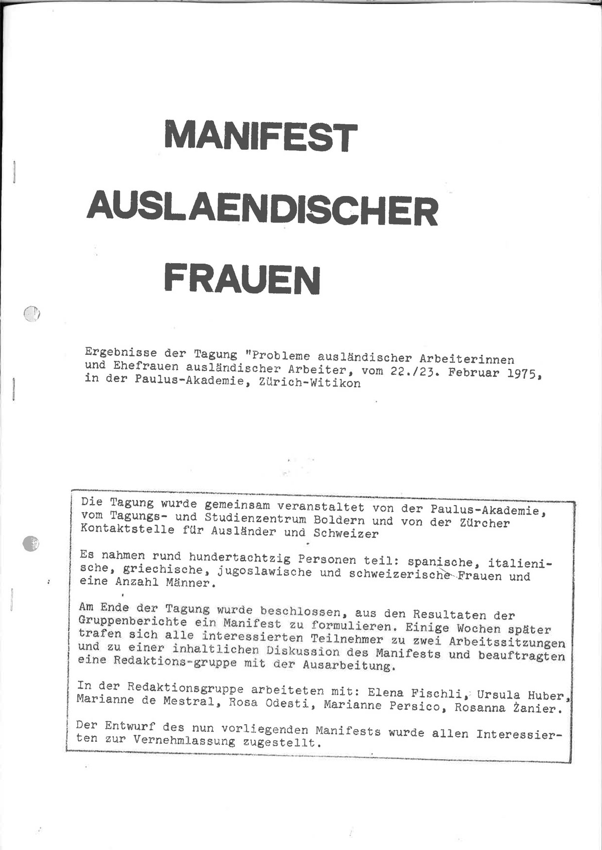Manifest ausländischer Frauen 1975