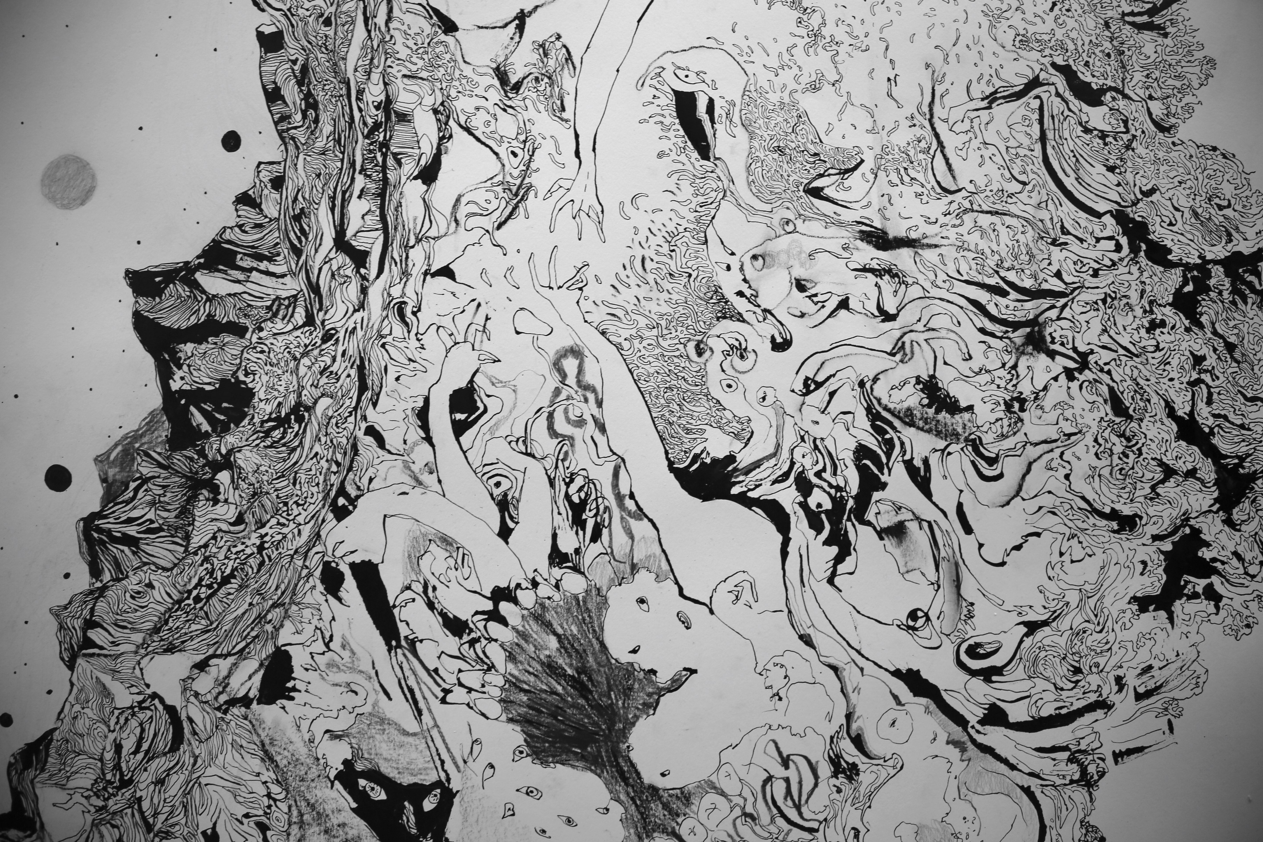 Choi, J. (2019). Walk into Gravity. [Indian Ink, Pencil on paper]. 3 x 3 m (parts)