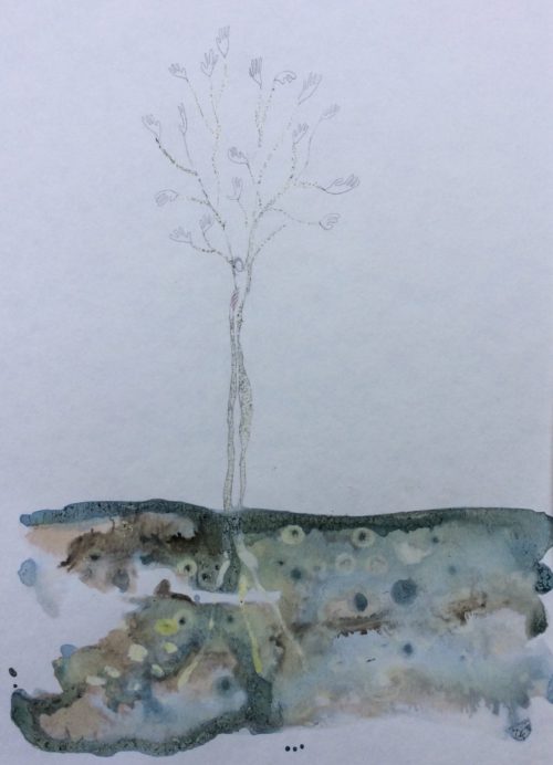 Boom met handen Werk op papier, 2016 50 x 40 cm  Gebruikte technieken: aquarelverf, gekleurde tekeninkt, potlood.