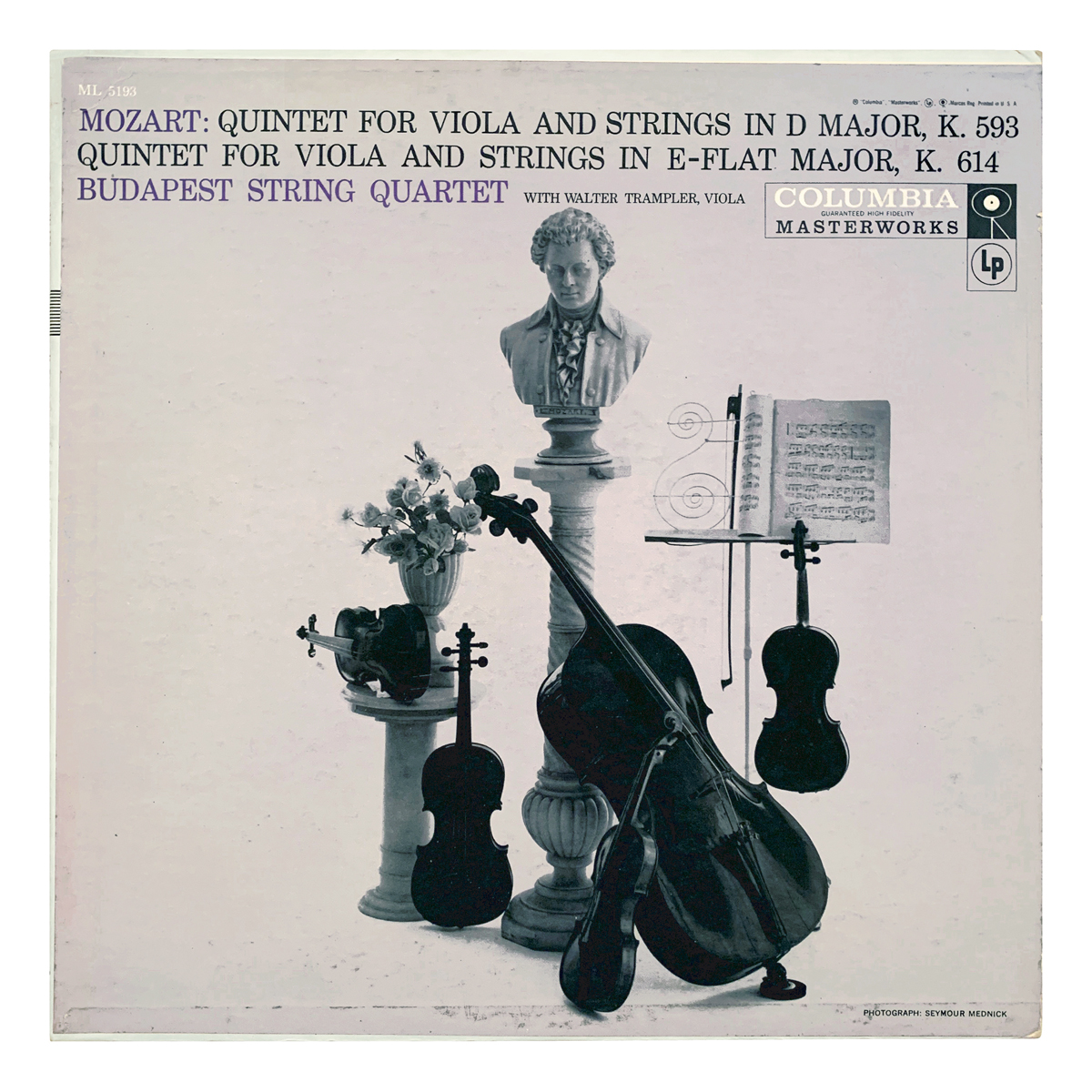 Columbia Masterworks ML 5193 Wolfgang Amadeus Mozart - String Quintet No.5 in D major, K.593; String Quintet No.6 in E flat major, K.614 Budapest String Quartet Walter Trampler Design: Seymour Mednick (photography)