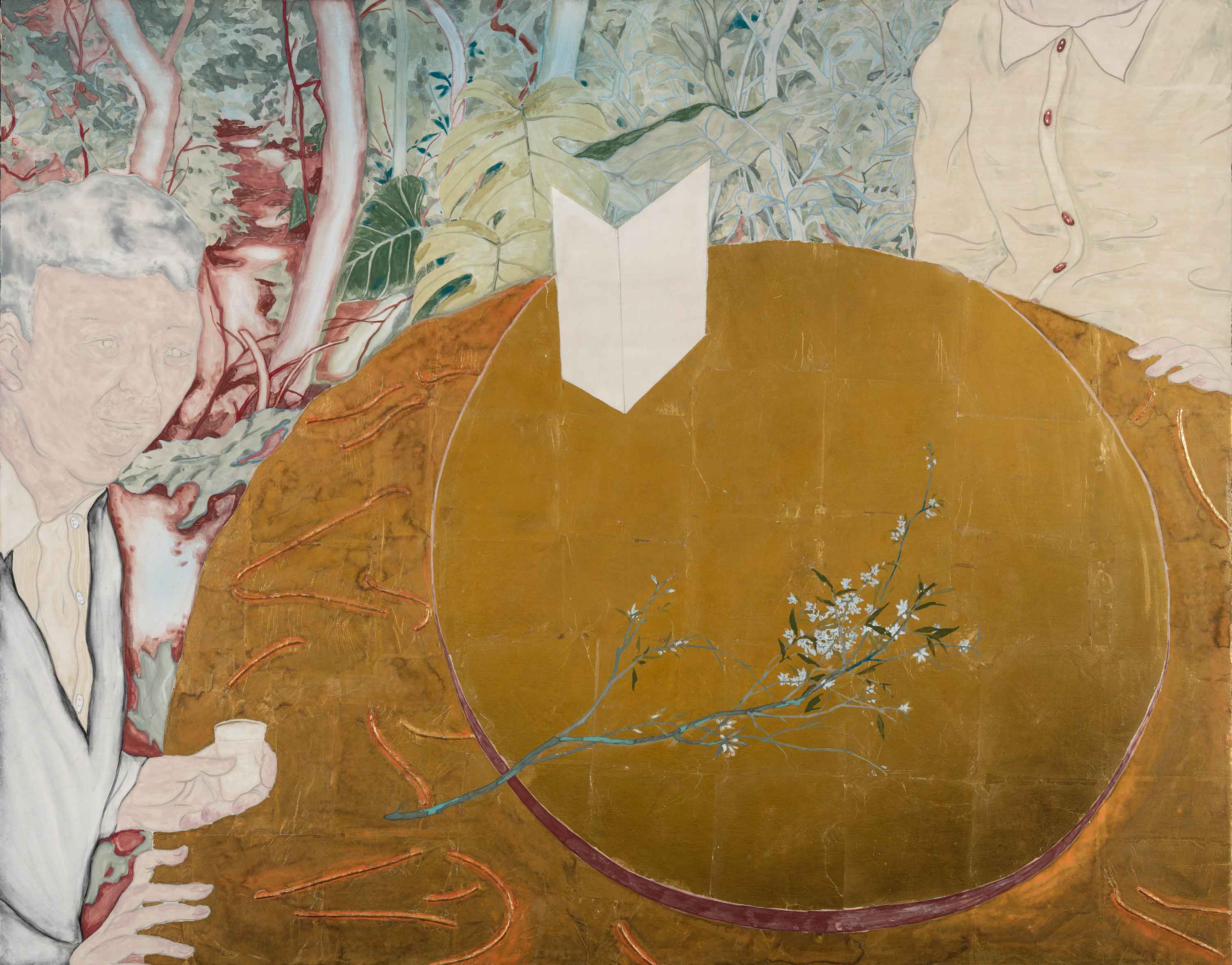 In the Woods#2, 2016, mineral pigment, ink, metal foil on canvas, 92x117cm (36.2x46.1 in)