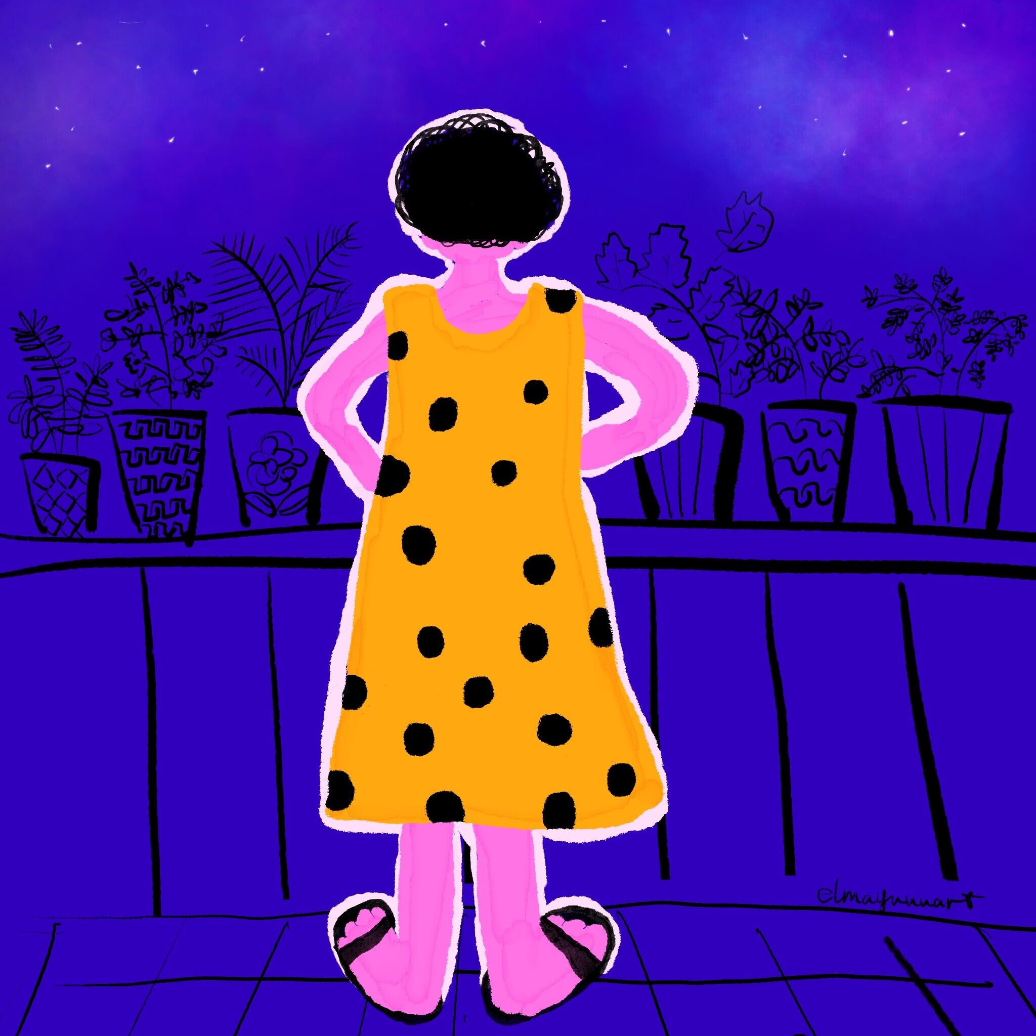 My mum is looking at her plants, and I am looking at her lovely dress.