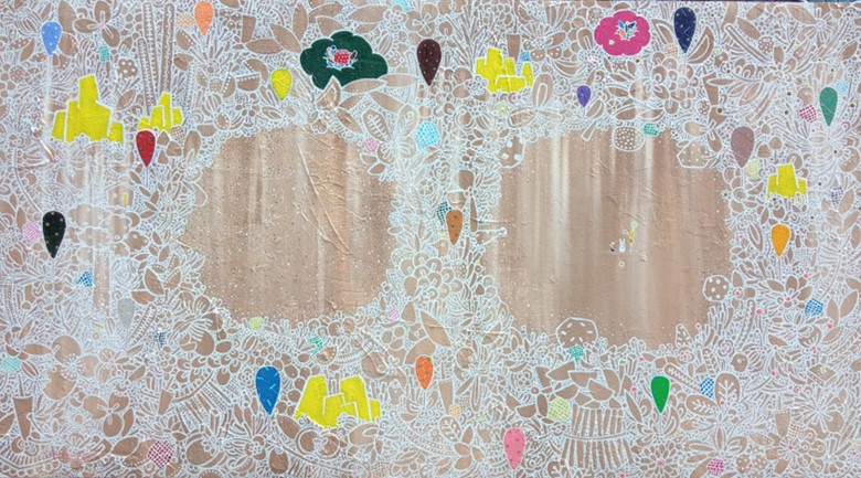 擁有兩個美麗世界的森林。A forest with two beautiful worlds。Acrylic, oil paint, metal foil, wooden board 127.5 x 230.5 cm