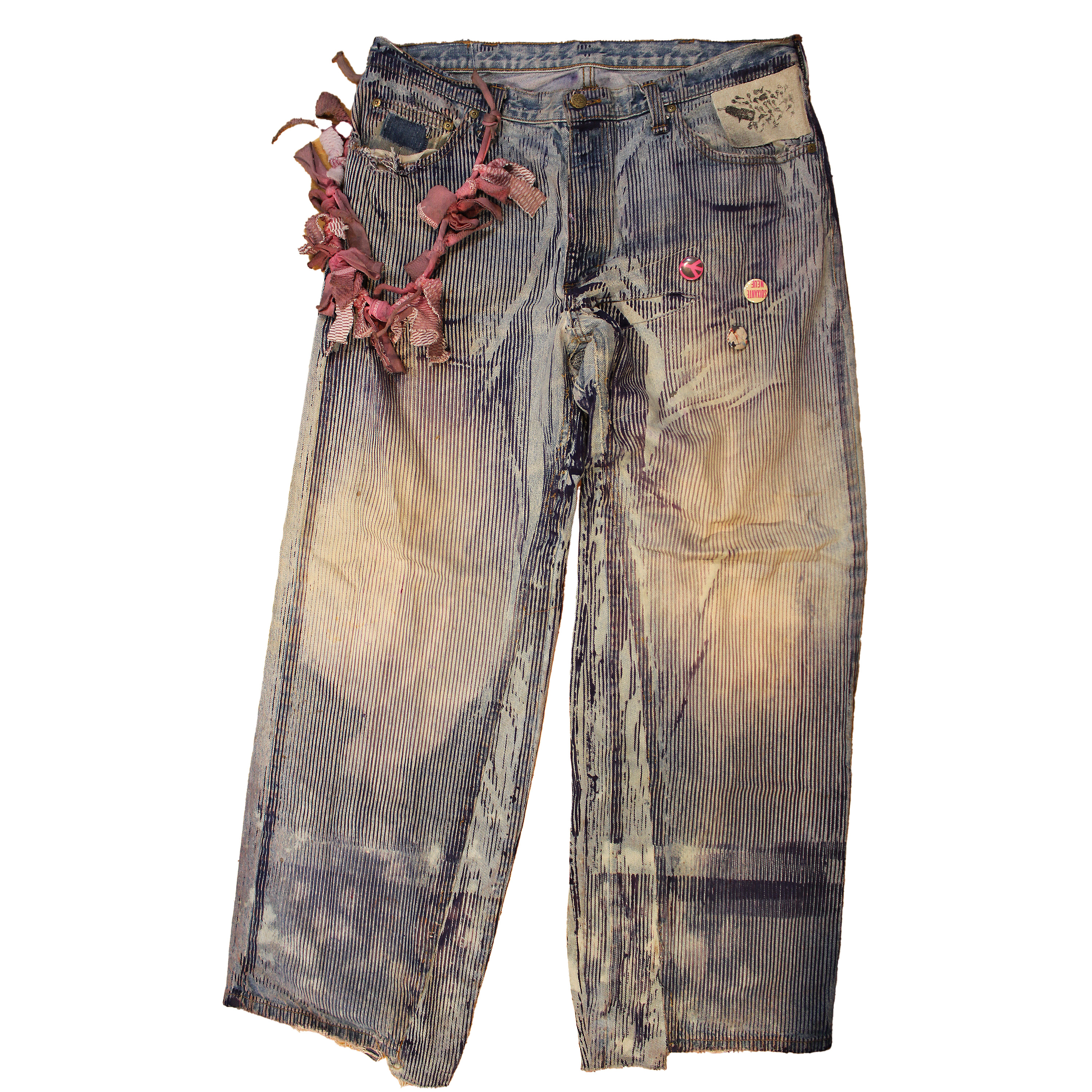 reclaimed vintage surplus denim screen printed with pinstripes in textile dye. tailored for straight/wide fit. fitted with custom keychain, scrap chain, and leather patches