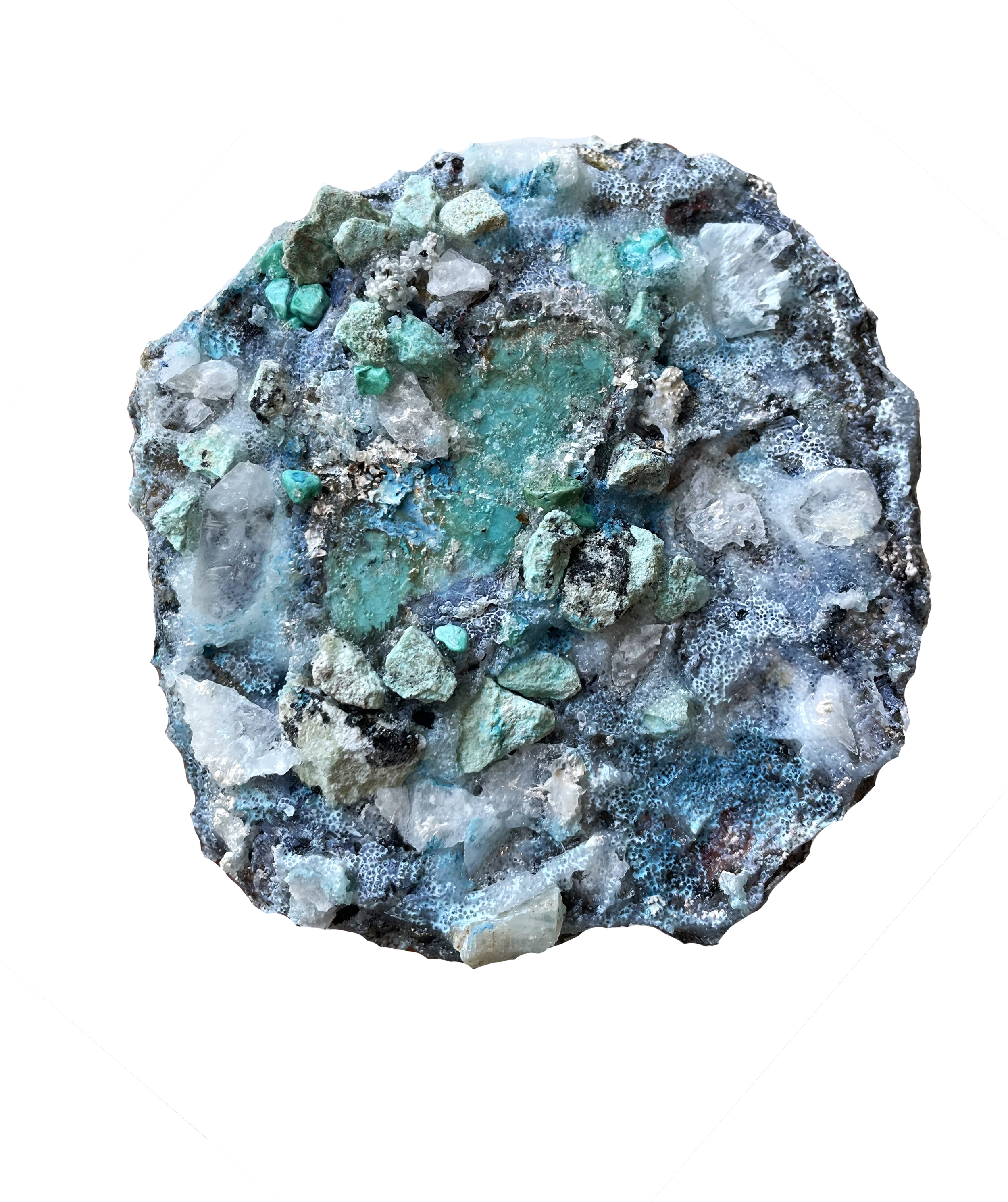 Aqua Fragment;  Turquoise, crystal quartz, mica flakes, aquamarine, glass, and disperse dyes on plastered wood, 5”x5” *SOLD