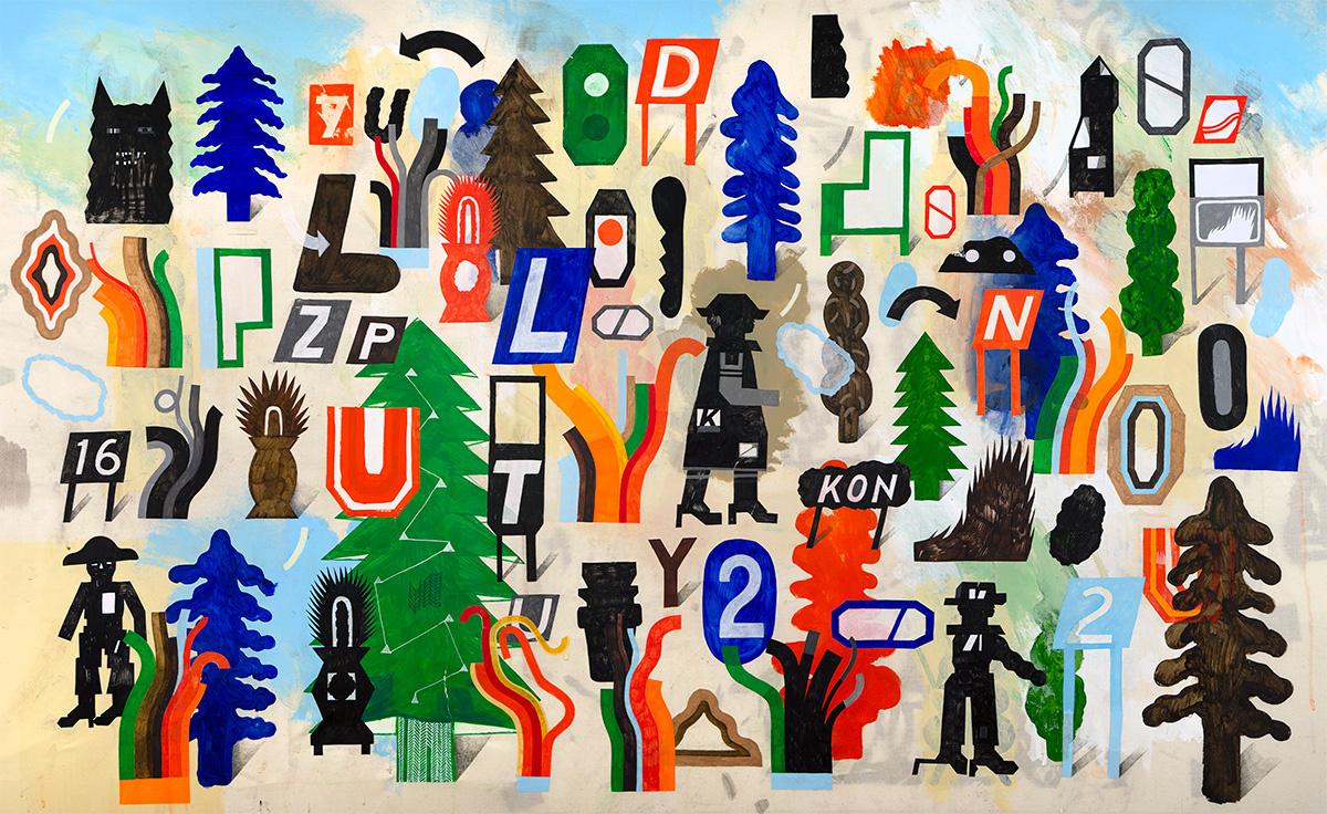 16 KON, 2019, Acrylic and graphite on muslin, 43.5 x 70 in.
