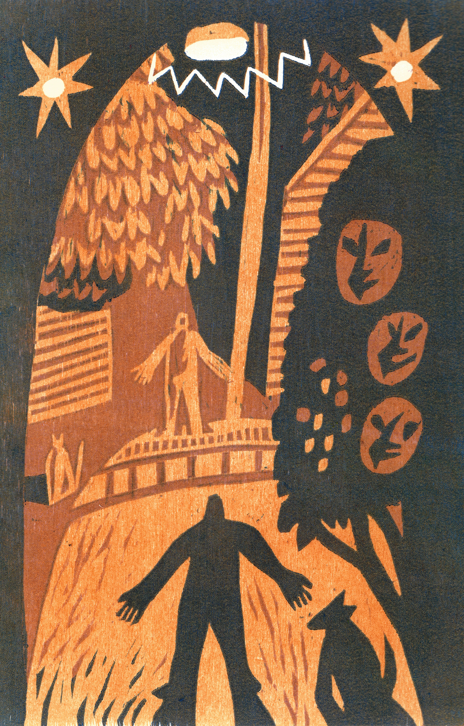 Shouts and Whispers / three-layer reduction woodcut