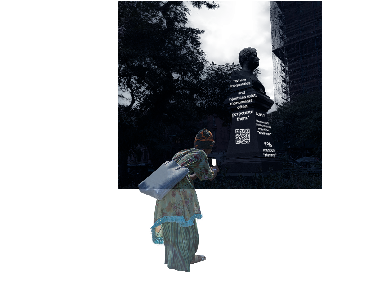 Projected graphics are also a part of this installation. In the later half of the day, the bust becomes illuminated with research done by Monument Lab, an arts organization geered towards educating the public on the role of monuments and their impact on today’s society. Along with the porjected text, there is a QR code that leads viewers to more detailed criticism of monuments and ways locals to voice their opinions on other contested ares in their neighborhood.