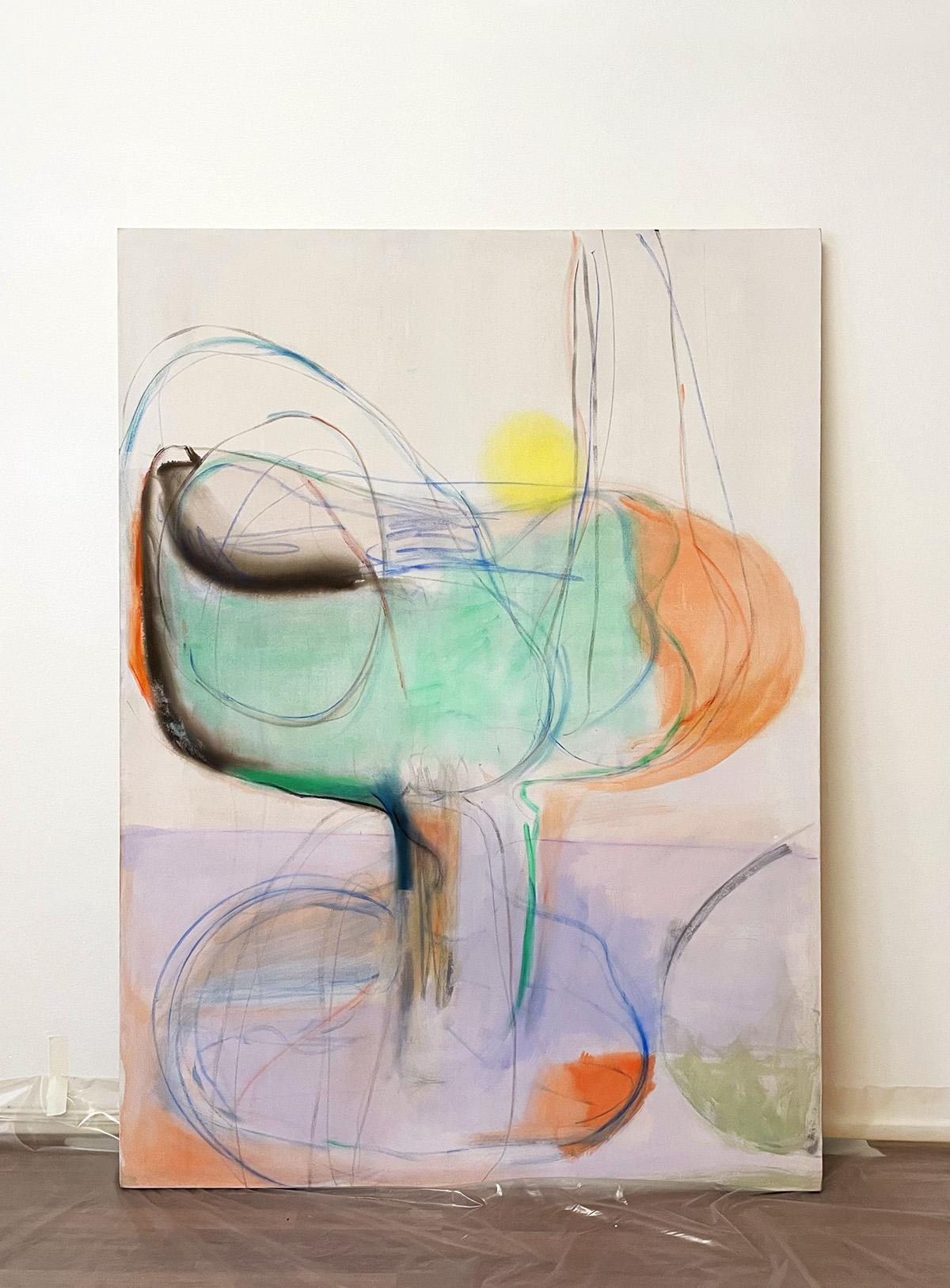 'Still Life' - Oil, ink, aguarelle, soft pastel and gesso on cotton. 195 x 133 cm