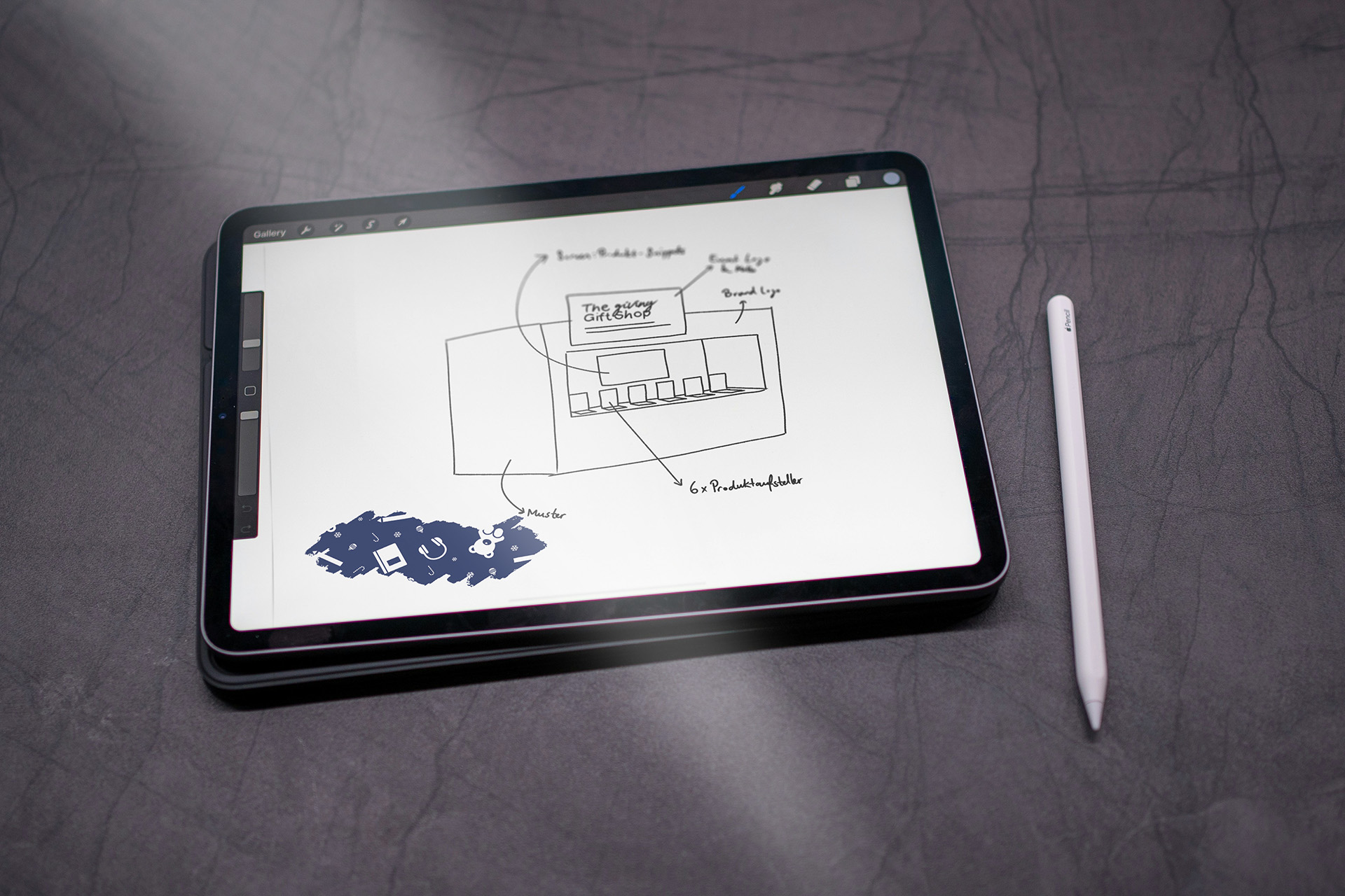 A tablet screen displaying the initial sketch of the stand design from the ideation phase