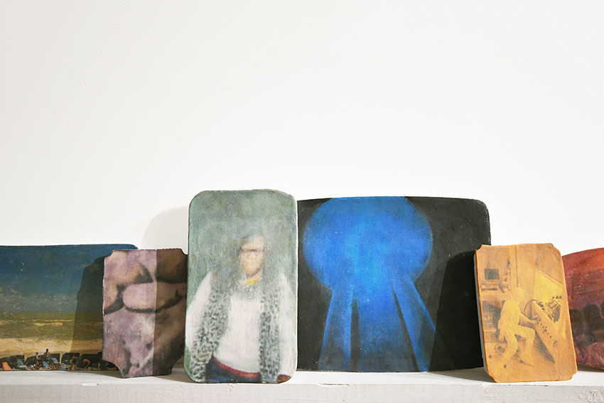 Groundhog dog, 2021, variable dimensions, variable dimensions, metal, old wood furniture, folding bed, plaster, sheets, set of oil paintings on plaster