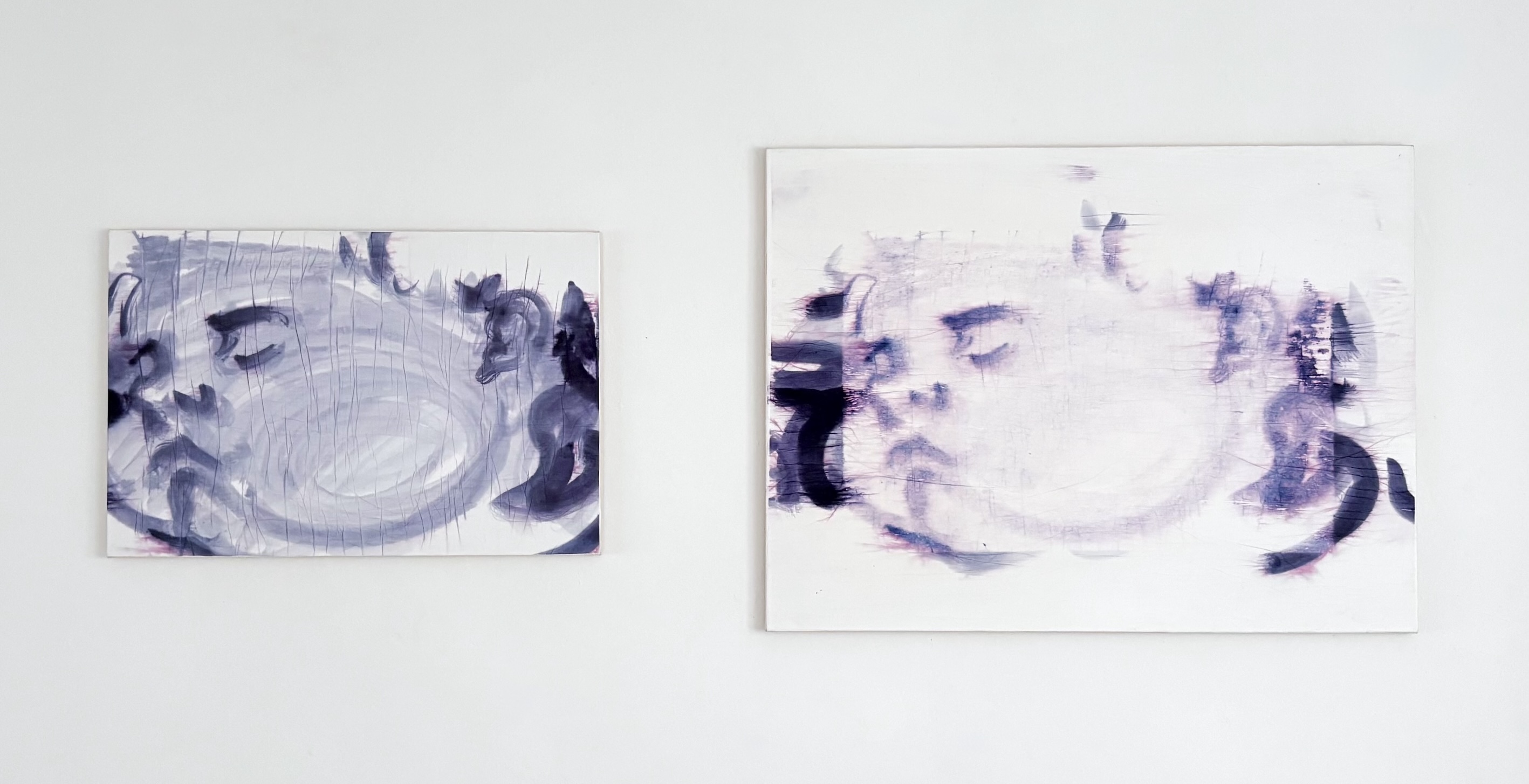 “Schlafend“, ink, acrylic and silkpaper on canvas, 50 x 75 cm and 75 x 100 cm, 2025, Photo: Mena Moskopf