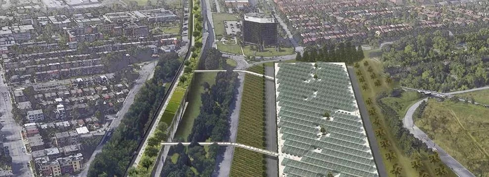 Arial view of the Metropolitan Highway if it were converted into a park.