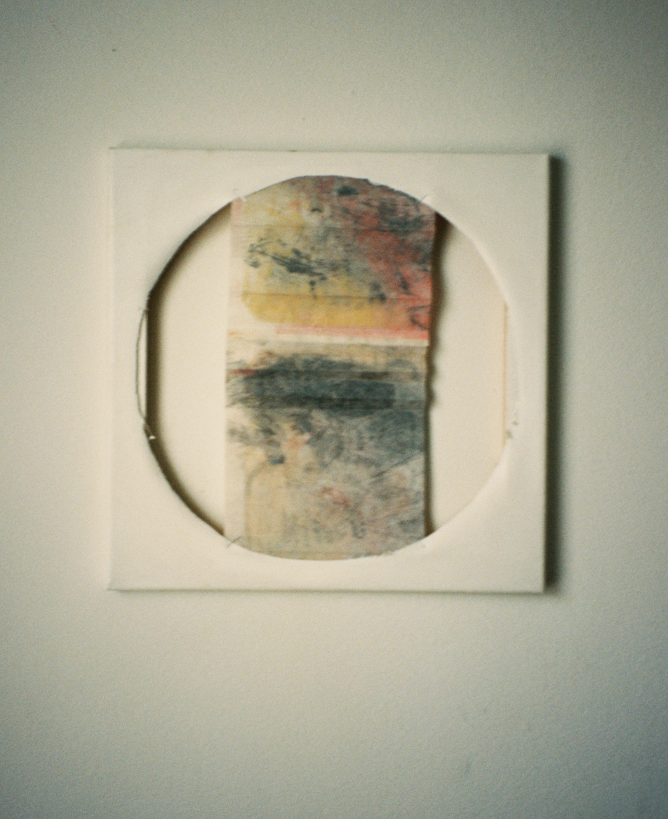 Untitled (2016). Acrylic, oil, paper, cut canvas. 12x12 inches.