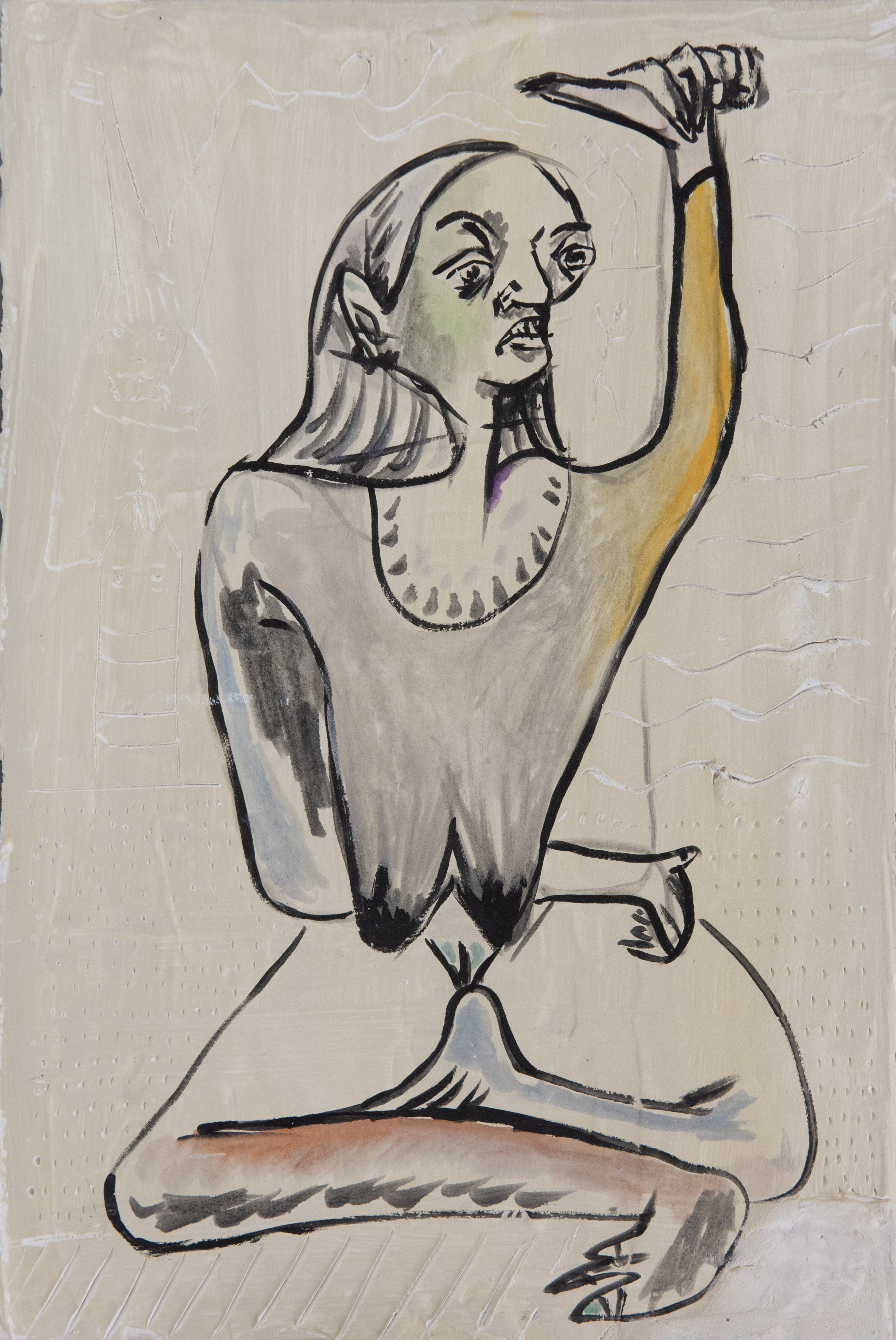 Rodrigo Echeverría, A Woman with one arm up, 2023, redimix, watercolor on wood, 11 3/4 x 7 7/8 in.  © Rodrigo Echeverría.