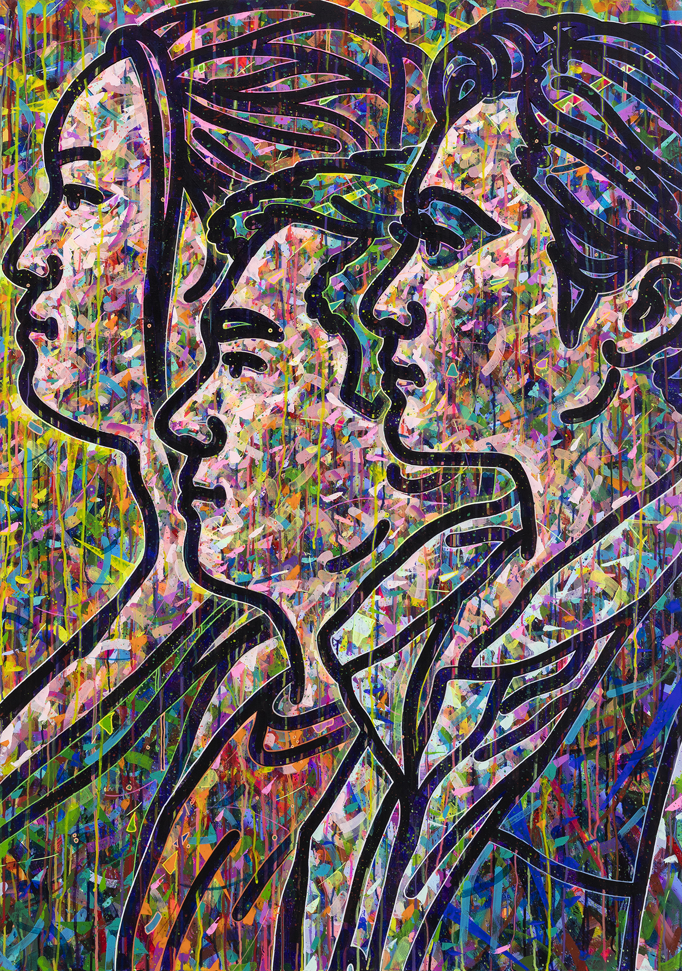 〈The Q #11(에디, 엔초비, 아장맨)〉, 2019, 캔버스에 아크릴, 색연필, 스프레이 페인트, 145.5 &times; 102cmThe Q #11(Edhi, Anchovy, Azangman), 2019, acrylic, color pencil, spray paint on canvas, 145.5 &times; 102cm