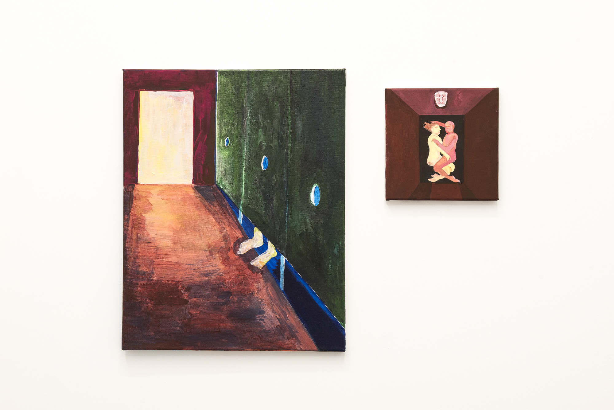 Left: empty room (-37.885421, 145.008106) Acrylic on canvas, 40x50cm, 2019 Right: vinyl embrace (-37.803860, 144.986857) Acrylic on canvas, 20x20cm
