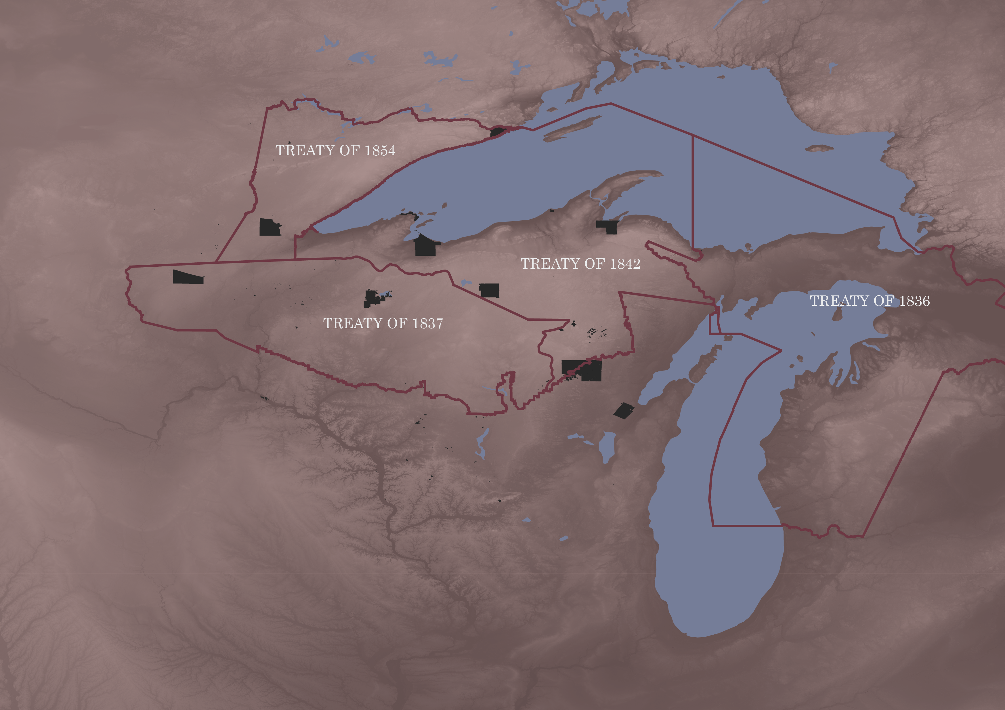Basemap depicting the ceded territories of the Ojibwe in the Treaties of 1836, 1837, 1842, and 1854 as well as the current-day reservations of the Ojibwe. (Will Sampson + group)