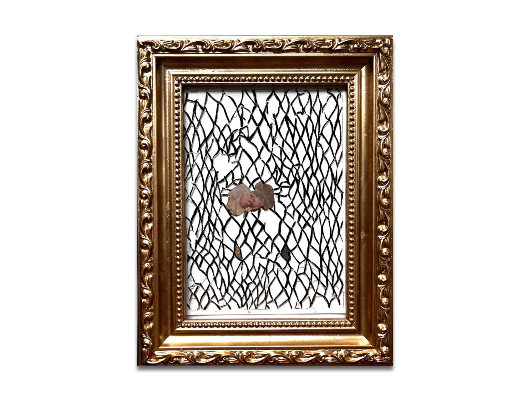 Hands (Picasso's Harlequin postcard, ink, frame)