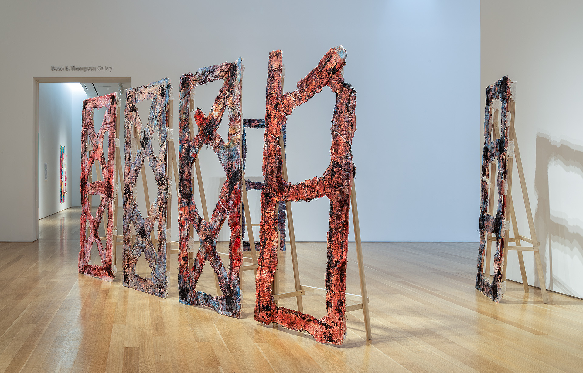 Fence I - IV, 2018, hydrocal, burlap, dye, poplar, hardware, 84 x 33 x 22 inches each