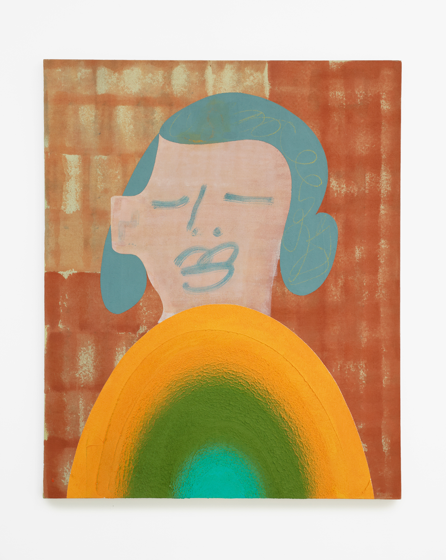 Untitled (portrait on bricks), 2023 Acrylic, resin, aquarellable pencil and sand on linen 110 x 90 cm