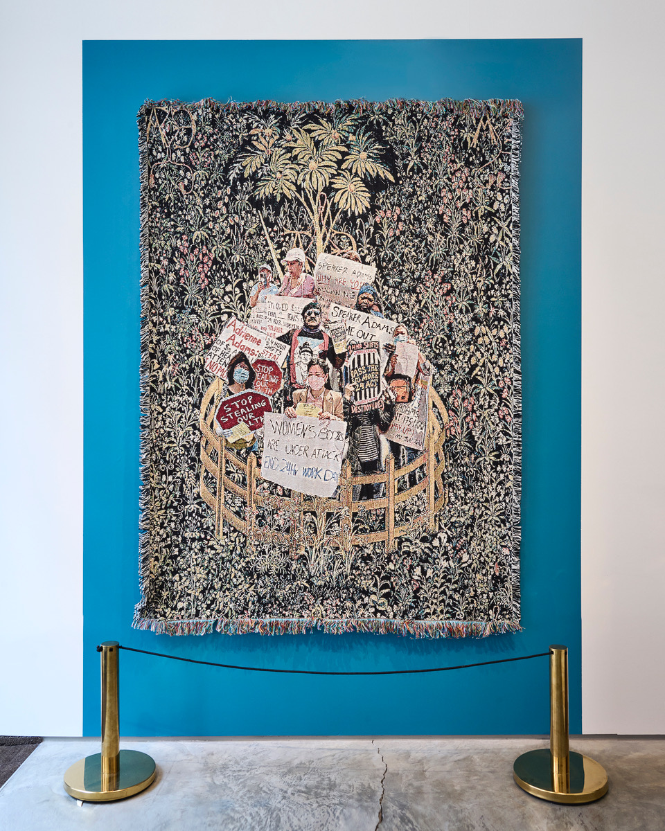 Abang-guard (Jevijoe Vitug+Maureen Catbagan), "No More 24! May Day Tapestry," 2023, tapestry, 50 x 60 inches. Photo by Go Sugimoto.