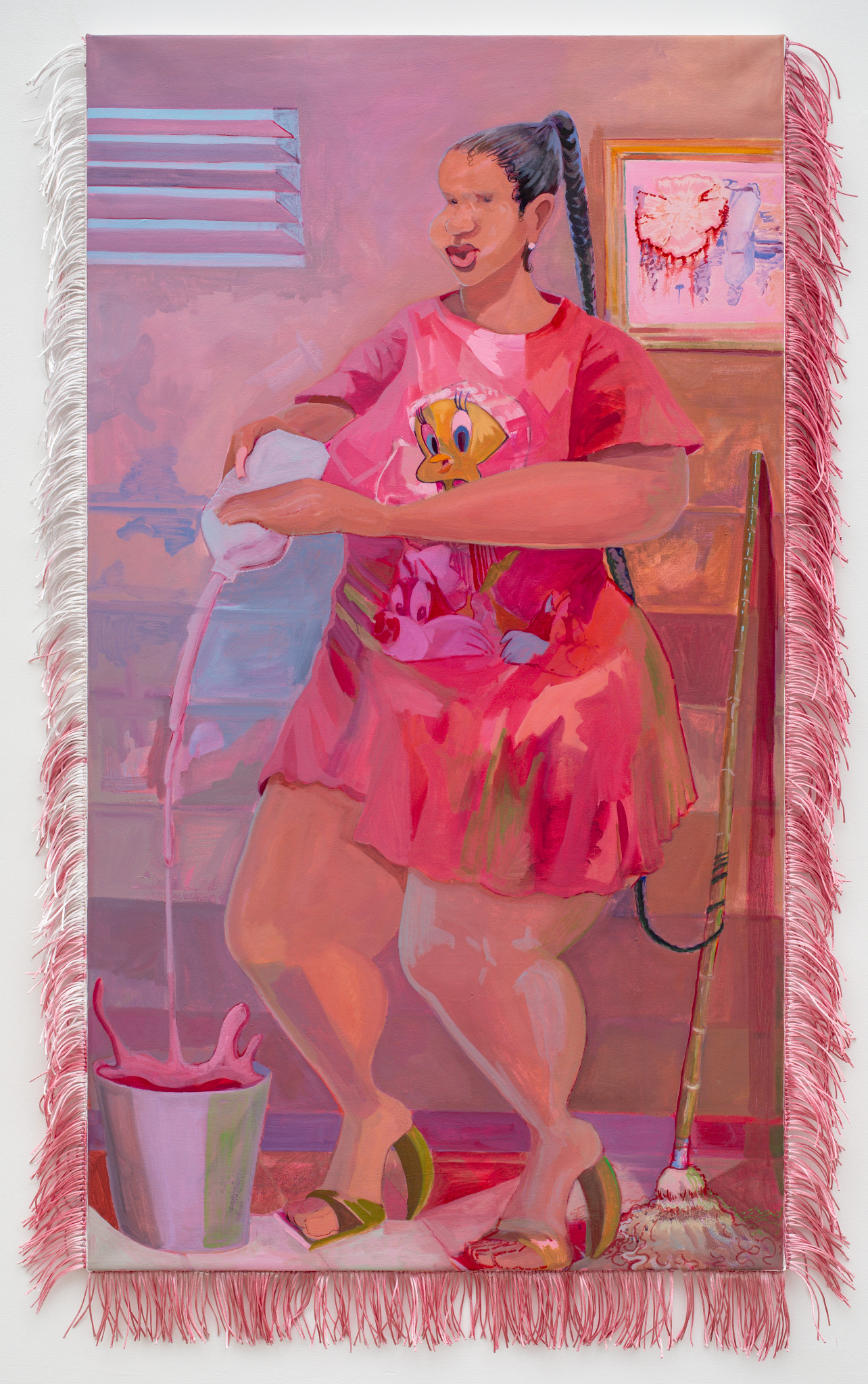 Agua d Jamaica, Bendiciones del Piso q Camino, 2021, oil on canvas, satin dyed in agua de jamaica, 40 x 74 in.