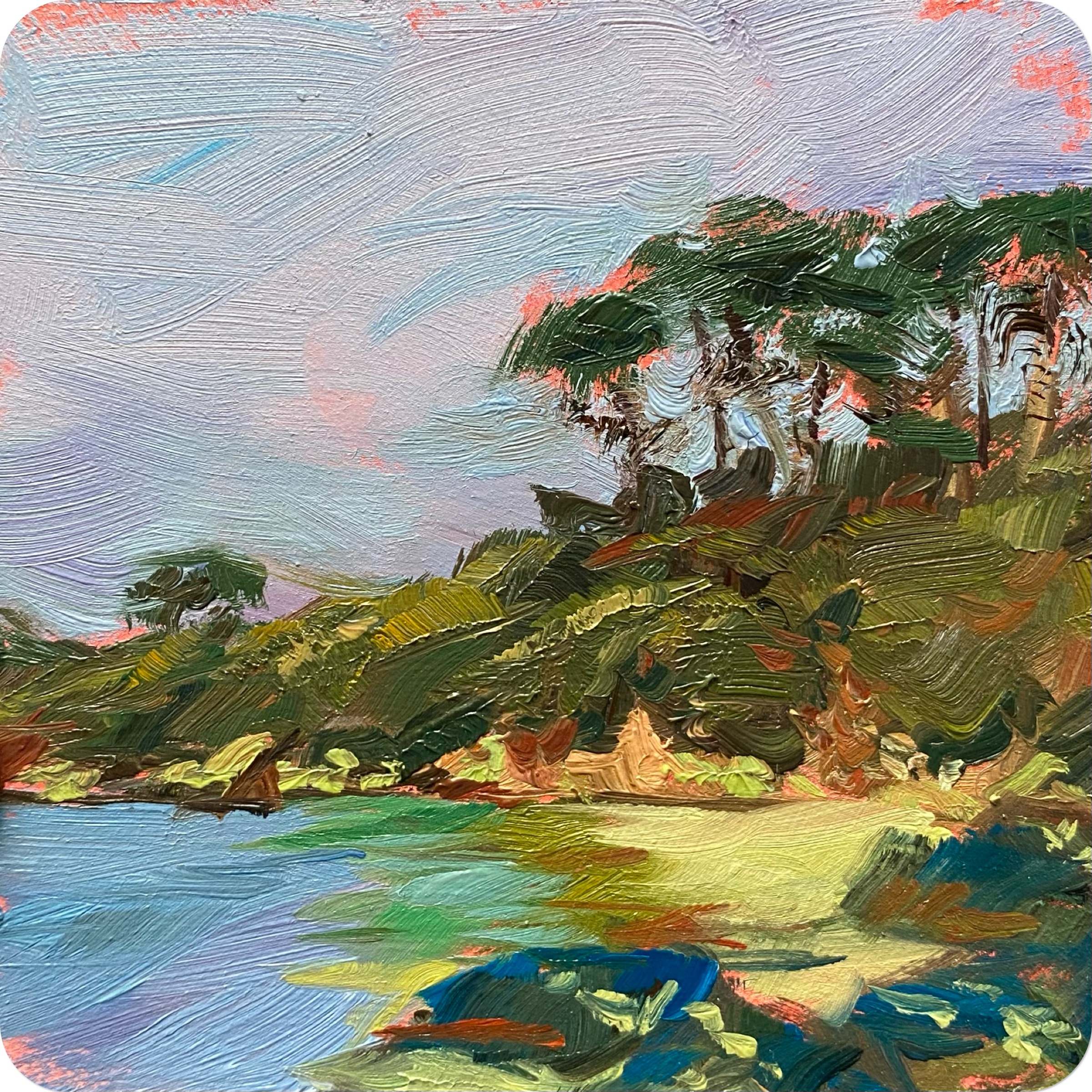 baignade du matin, 202510 x 10 cm oil on MDF coaster