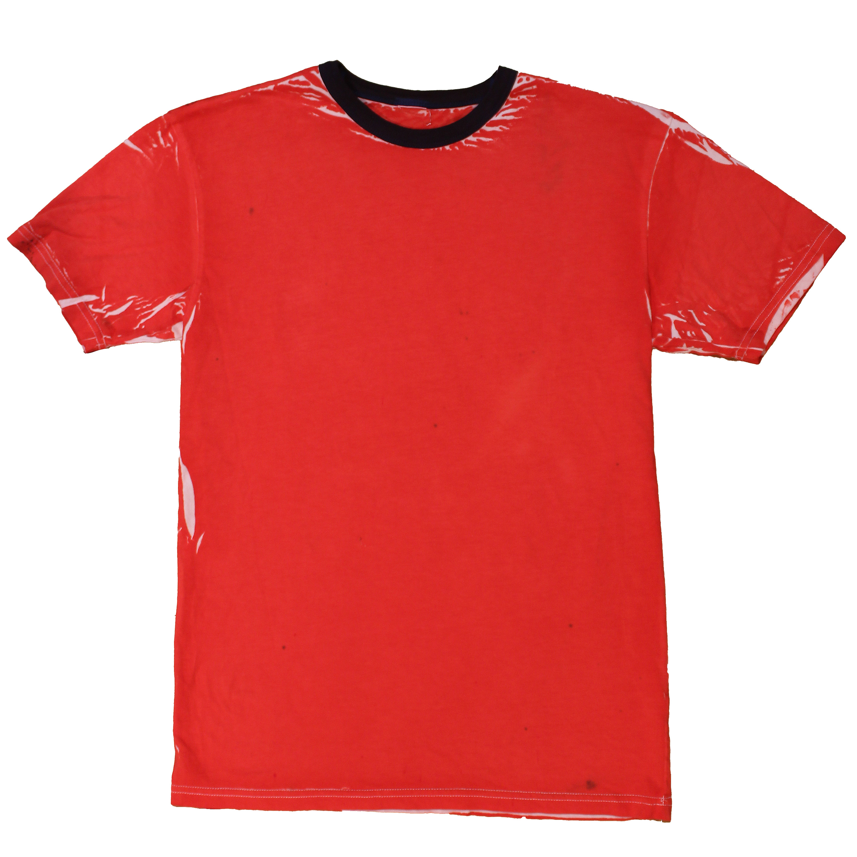 reclaimed vintage deadstock 70s ringer tee allover printed with dye. creases are unpredictable and vary from tee to tee. 